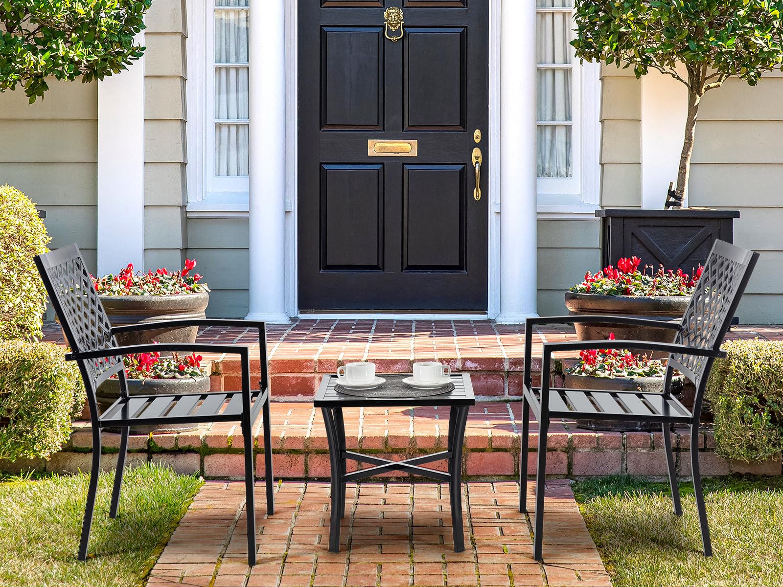 3-Piece Outdoor Patio Dining Set - Durable Cast Iron Square Table with 2 Stackable Chairs, Weather-Resistant Bistro Set for Balcony, Porch, Garden, Backyard (Black) | Perfect for Small Space Entertaining & Al Fresco Dining