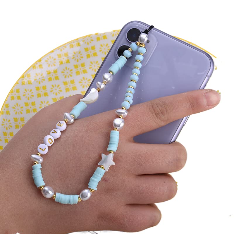 Beaded Phone Lanyard Wrist Strap - Kawaii Love Heart Letters Star Moon Beaded Phone Charm, Colorful Rainbow Phone Chain Strap for Women & Girls, Pearl Bracelet Keychain, Cute Phone Decoration (Blue) | Perfect for Smartphones, Keys, ID Cards & Fashion Accessories