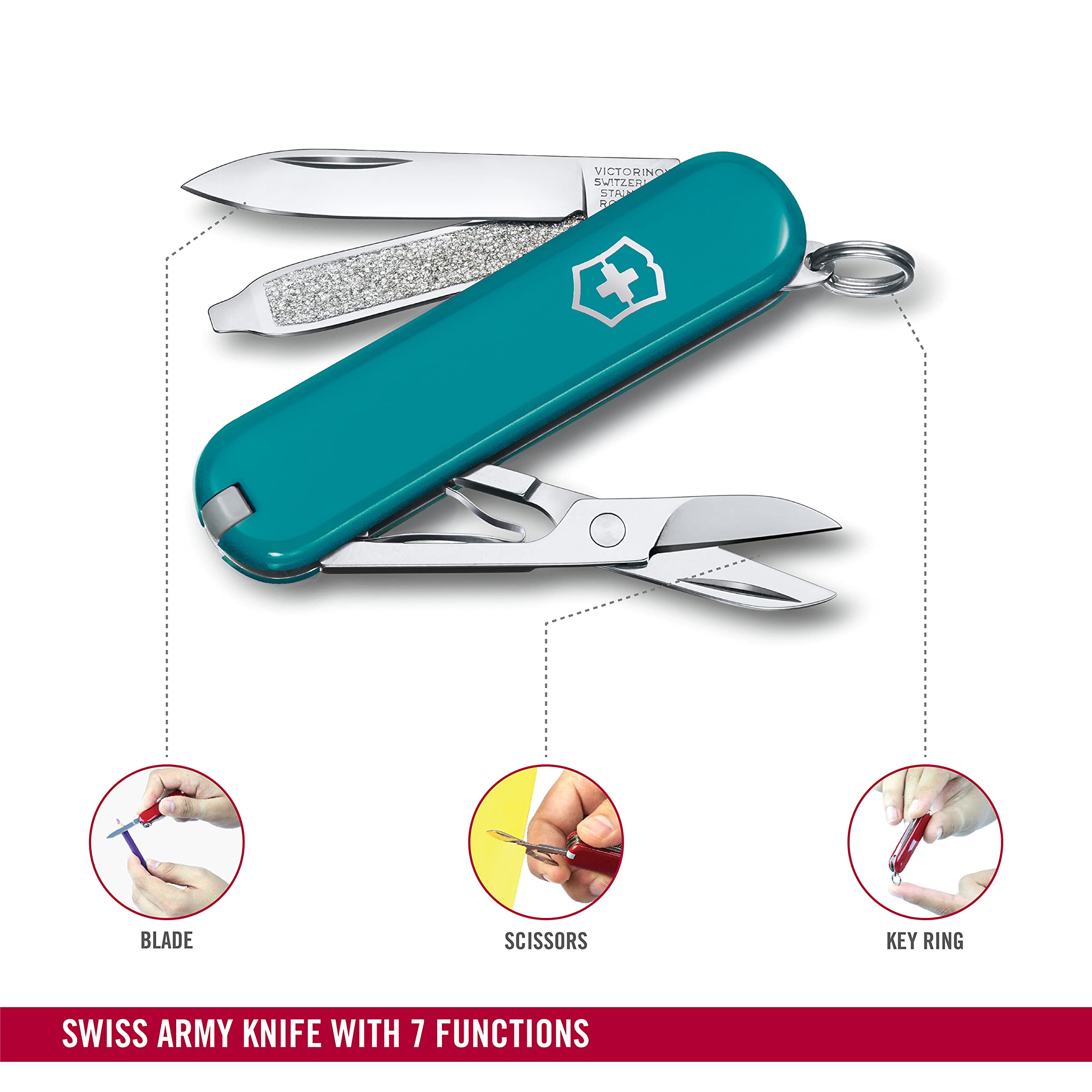 Victorinox Classic SD Swiss Army Knife - 7-in-1 Multi-Tool with Small Blade, Screwdriver & Key Ring | Compact Swiss Made Pocket Knife in Mountain Lake Blue | Perfect for Camping, Hiking, Everyday Carry & Outdoor Adventures