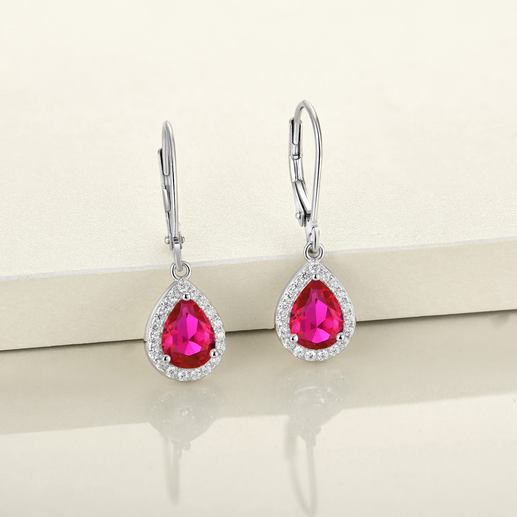 YL Halo Teardrop Dangle Drop Earrings - 925 Sterling Silver Birthstone Leverback Jewelry for Women | Elegant Gift for Birthday, Anniversary & Special Occasions