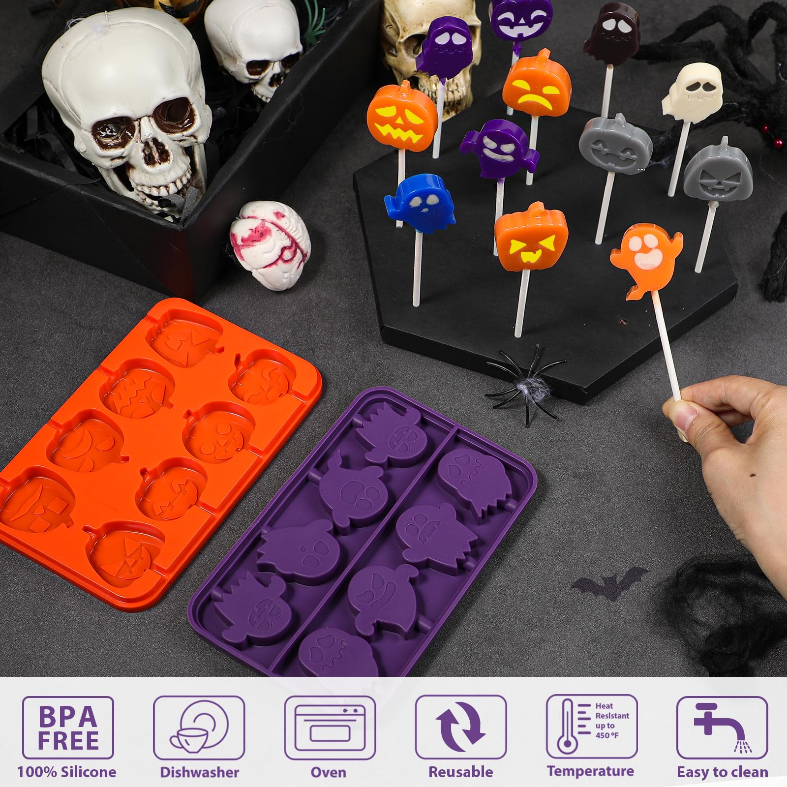 Halloween Silicone Lollipop Molds Set - Pumpkin & Ghost Shaped DIY Candy Chocolate Molds with 100 Paper Sticks for Homemade Treats | Perfect for Halloween Parties, Trick-or-Treat Favors & Holiday Baking