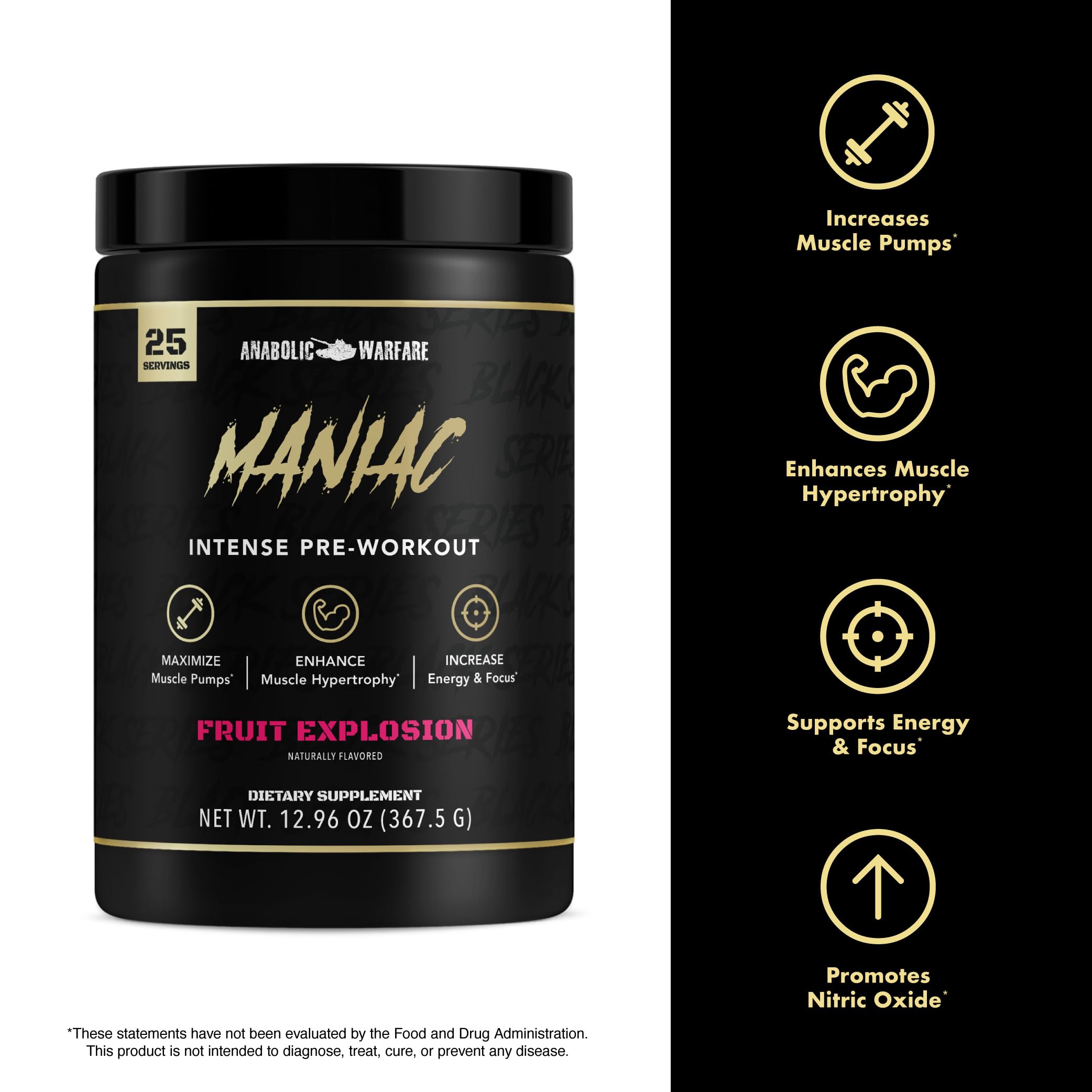 Anabolic Warfare Black Series Maniac Pre-Workout Powder - Nitric Oxide Booster for Muscle Pumps & Protein Synthesis - Guerilla Grape Flavor - Ideal for Gym, Bodybuilding & Intense Training Sessions