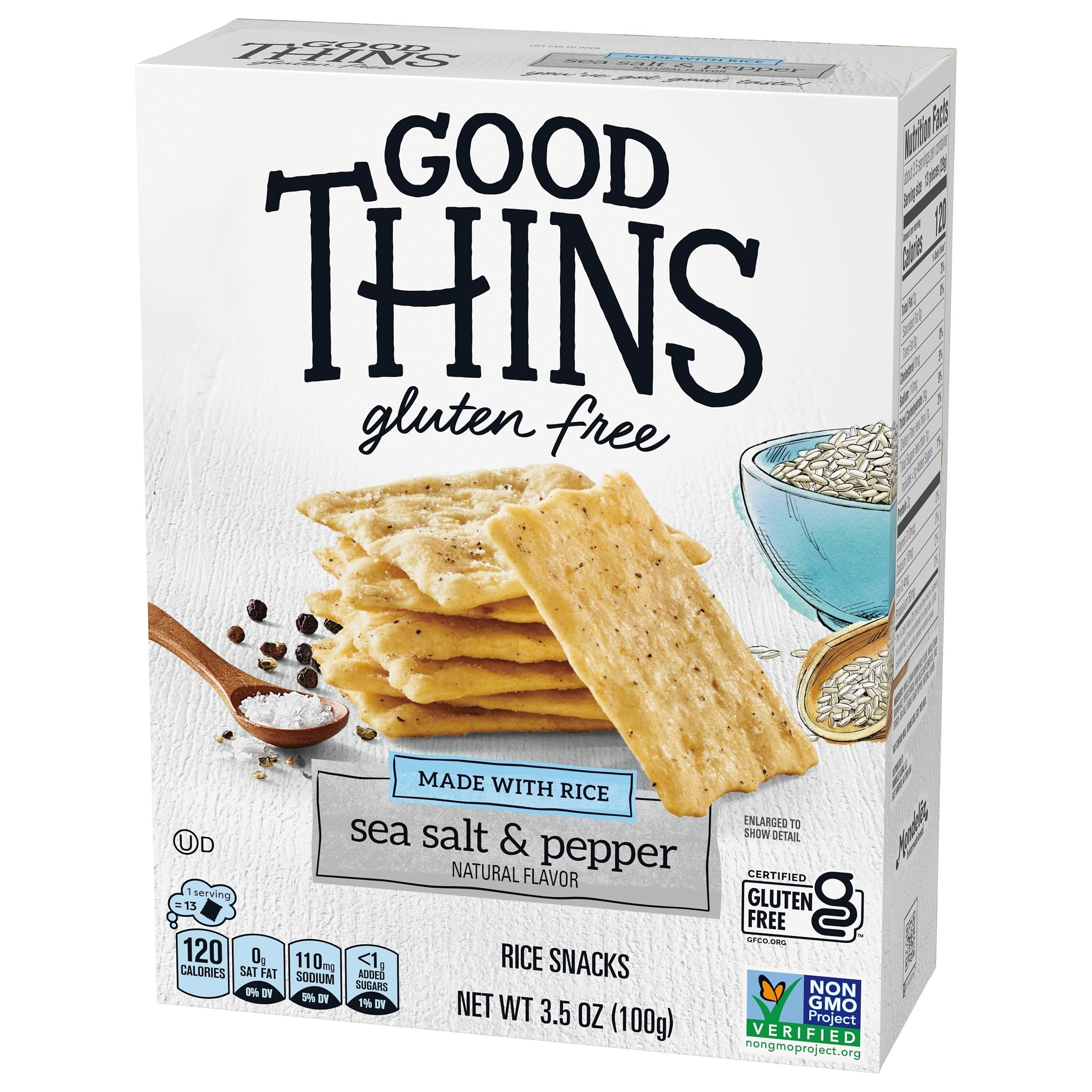 Gluten Free Sea Salt & Pepper Rice Snacks - Healthy Crackers for Adults & Kids, 3.5 oz - Perfect for Office Snacks, School Lunches & On-the-Go Travel