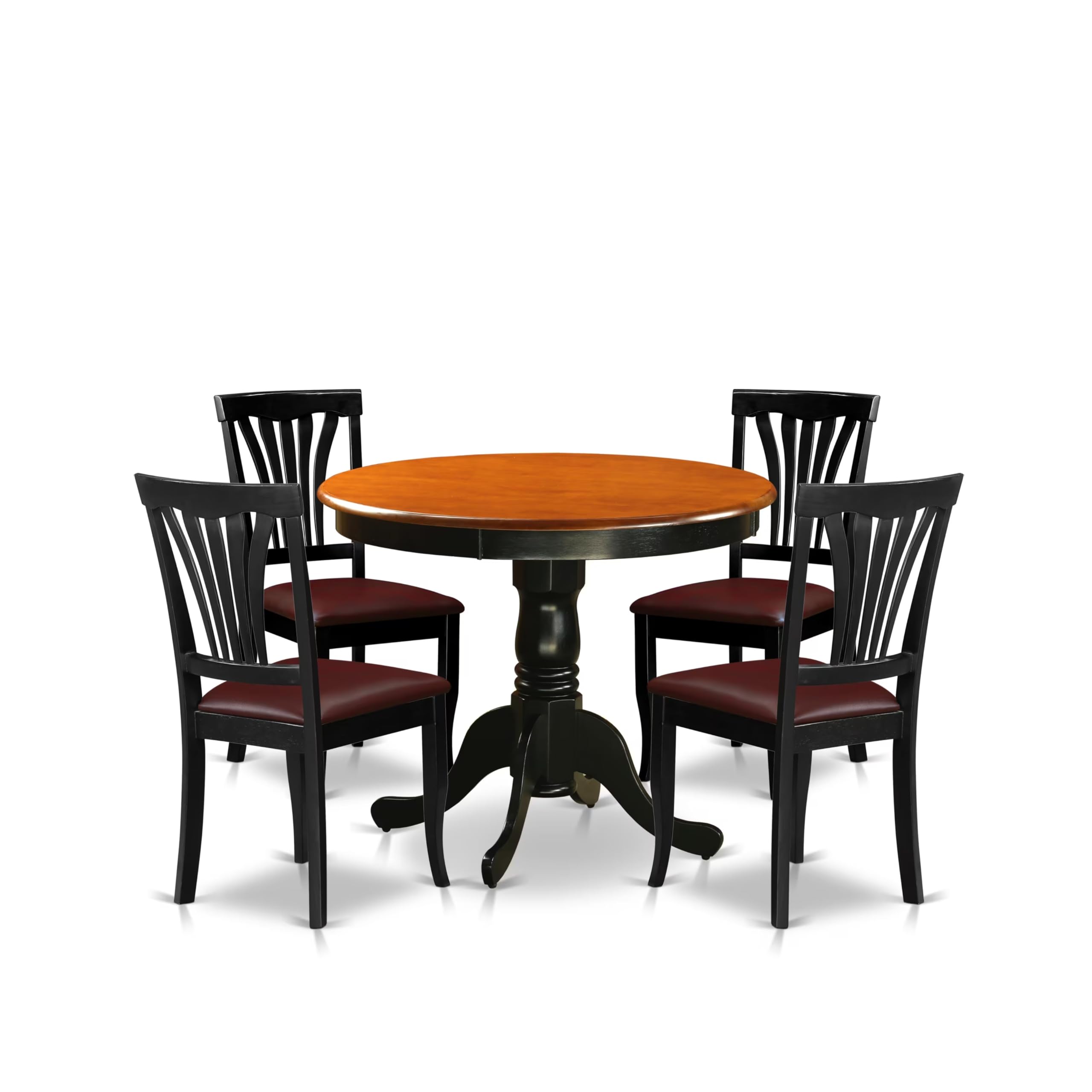 East West Furniture ANAV5-BLK-LC 5-Piece Round Dining Table Set for 4 - 36x36 Inch Black & Cherry Kitchen Table with Pedestal Base & 4 Faux Leather Chairs - Perfect for Small Spaces, Breakfast Nooks & Cozy Family Meals