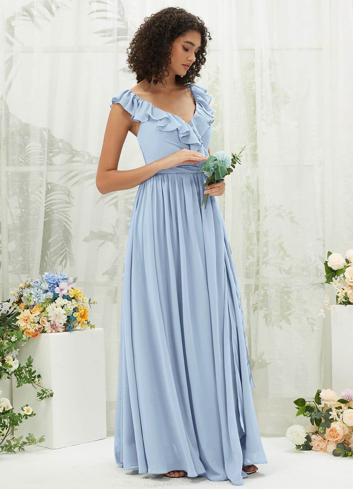 Cornflower Blue Chiffon Bridesmaid Dress with Ruffle Cross Straps & V-Neck Wrap - Perfect for Weddings, Formal Events & Evening Parties
