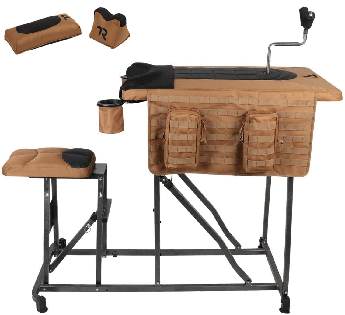 TR Magnum Precision Portable Shooting Bench Seat with Adjustable Table, Gun Rest, Shot Bag & Front Rest - Heavy Duty Steel Frame, Brown, Extra Large - Perfect for Hunting, Target Practice & Outdoor Shooting Ranges