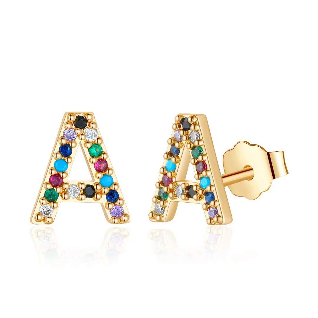 Hypoallergenic 925 Sterling Silver Initial Stud Earrings for Women & Girls - Gold Plated Rainbow Cubic Zirconia Letter Earrings | Perfect Jewelry Gift for Birthdays, Anniversaries & Everyday Wear