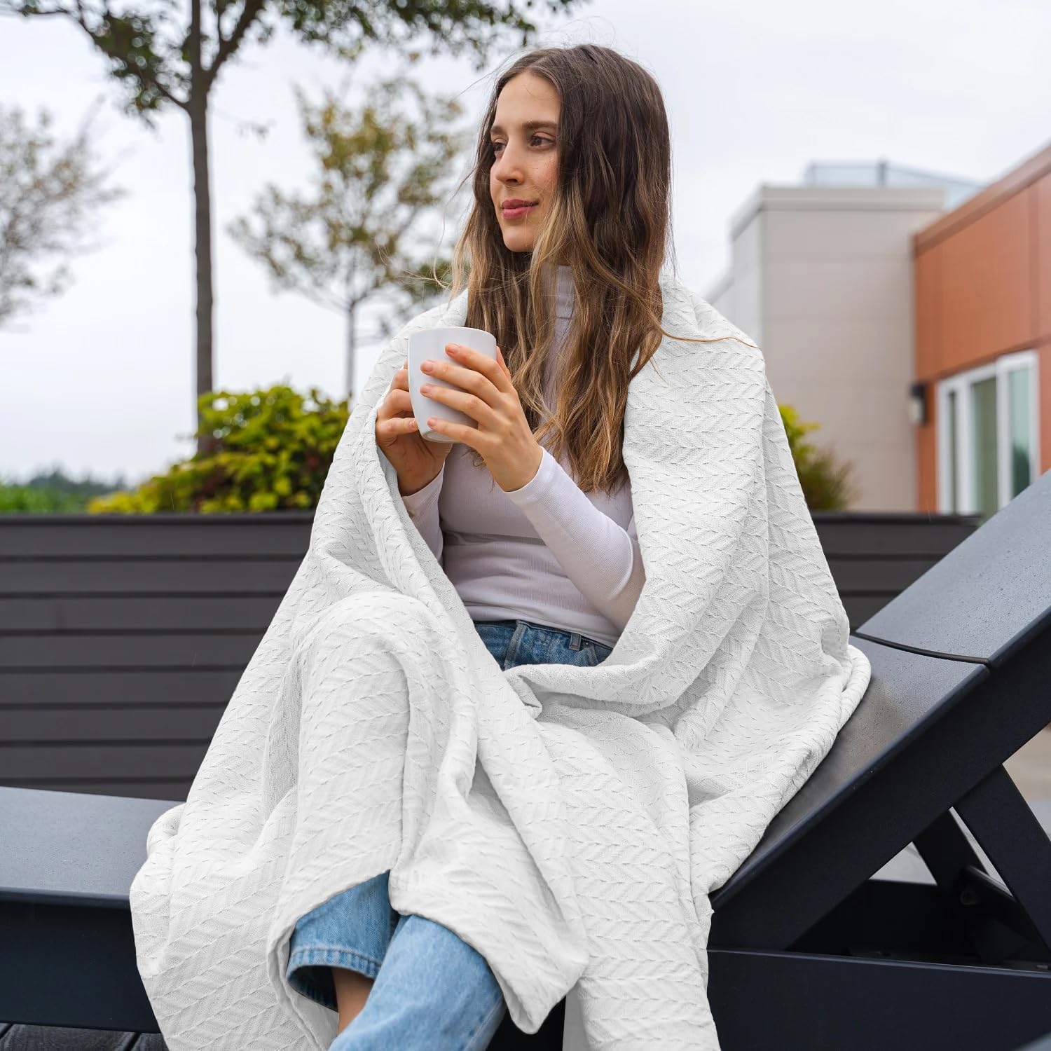 EUROTEX 100% Cotton Twin Size Blanket - All-Season Lightweight & Soft Herringbone Thermal Blanket, 350GSM, 68x92 Inches, White - Perfect for Bedroom, Dorm, Guest Room, and Cozy Fall Nights