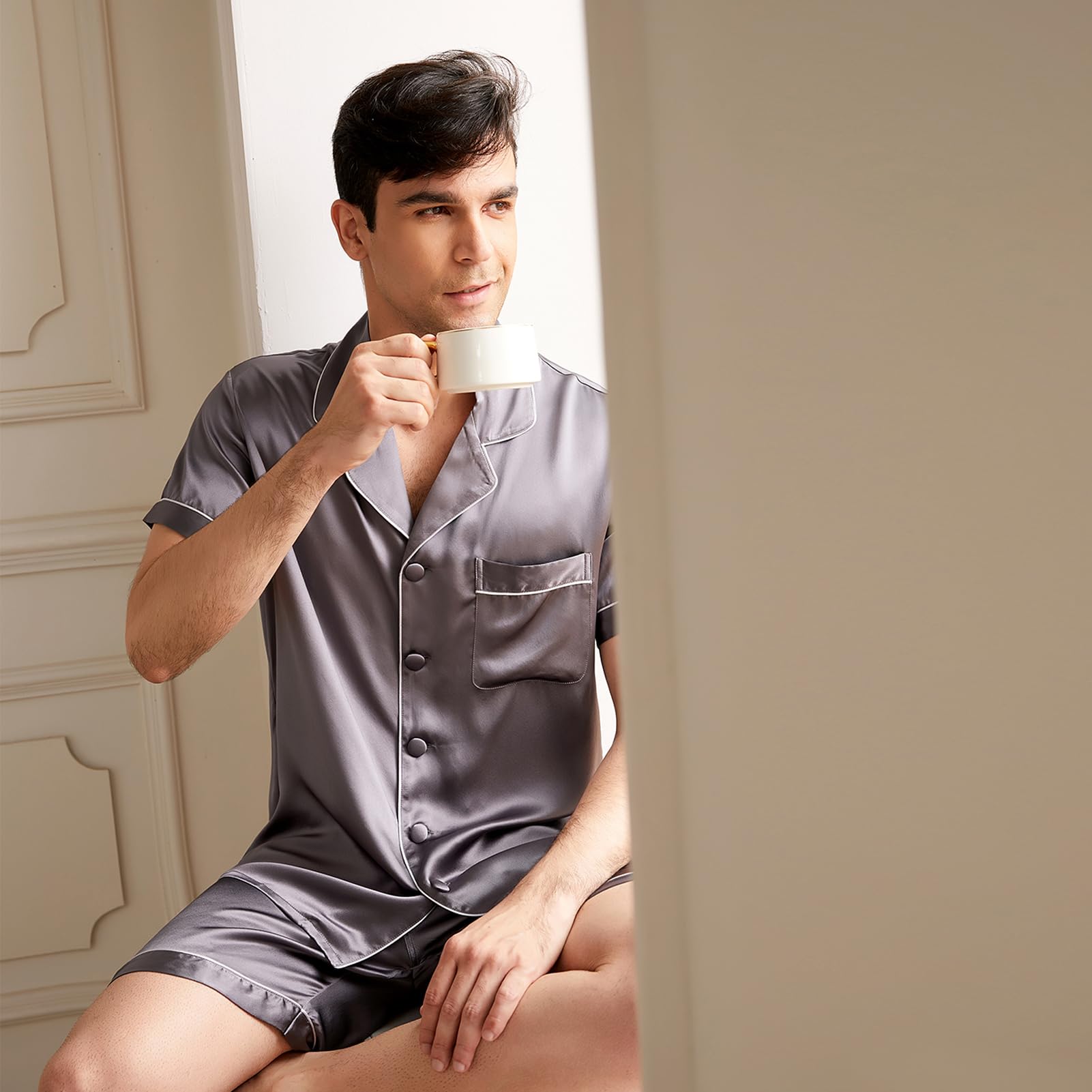 THXSILK Men's Pure Mulberry Silk Pajama Set - Short Sleeve Shirt & Shorts for Comfortable Sleepwear | Perfect for Summer Nights, Lounging & Gift Giving
