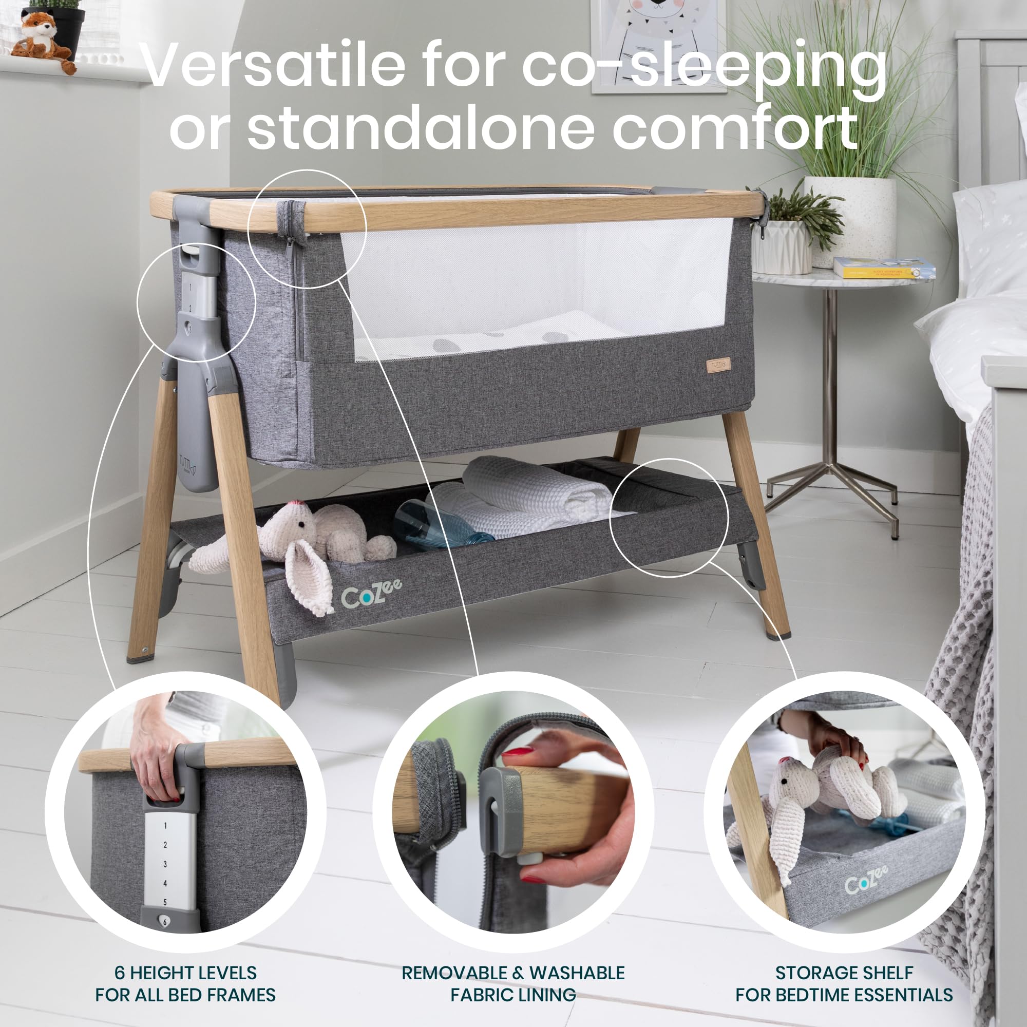Tutti Bambini CoZee® Next to Me Crib & Standalone Baby Cot - Adjustable 6-Level Folding Co-Sleeper Bedside Crib with Mattress (0-6 Months) - Oak & Charcoal | Perfect for Nursery, Bedroom Co-Sleeping & Travel