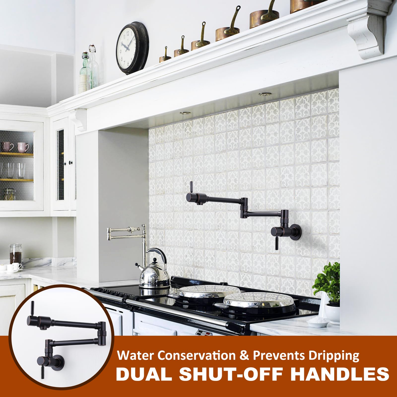 ALEASHA Oil Rubbed Bronze Wall Mount Pot Filler Faucet - Solid Brass Heavy Duty Kitchen Faucet with Dual Swing Arms & 2 Handles - Perfect for Stove, Cooking, and Large Pots (Commercial & Home Use)