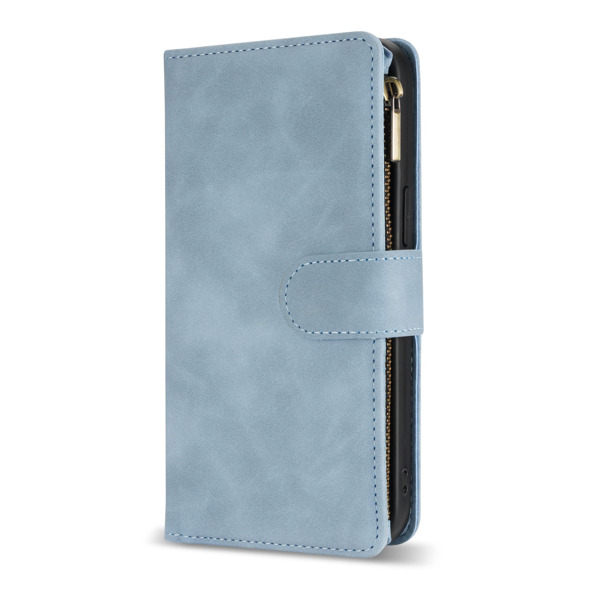 Premium Soft PU Leather Zipper Folio Wallet Case for iPhone 12/12 Pro (6.1 inch) - Card Slots, Wrist Strap & Kickstand | Light Blue | Business, Travel & Everyday Protection