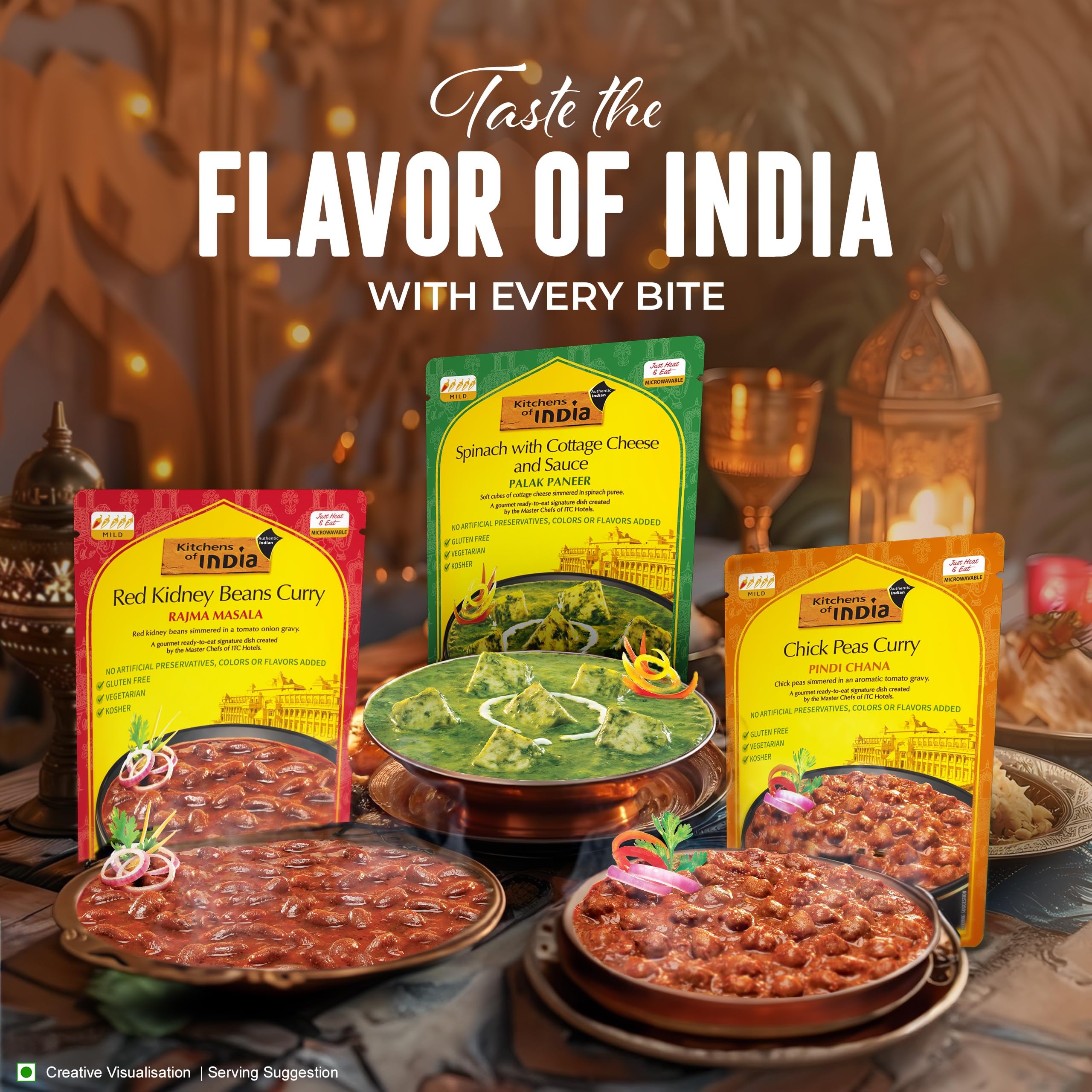 Kitchens of India Ready To Eat Combo Pack - Rajma Masala, Pindi Chana & Palak Paneer (10oz Each, Pack of 3) | Authentic Vegetarian Indian Cuisine | Gluten-Free | Perfect for Quick Meals, Office Lunches & Camping Trips