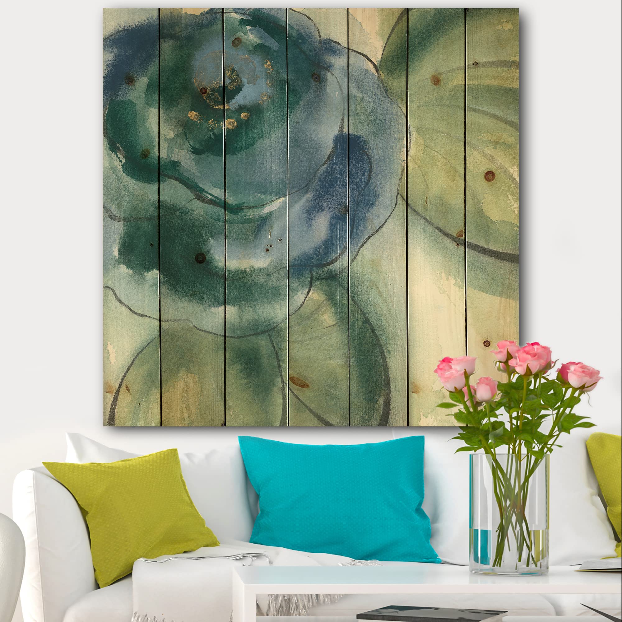 Blue Floral Poppies Farmhouse Wall Decor - Handcrafted Pine Wood Wall Art with Botanical Print - Large Rustic Wood Panel for Living Room, Bedroom & Office Decor
