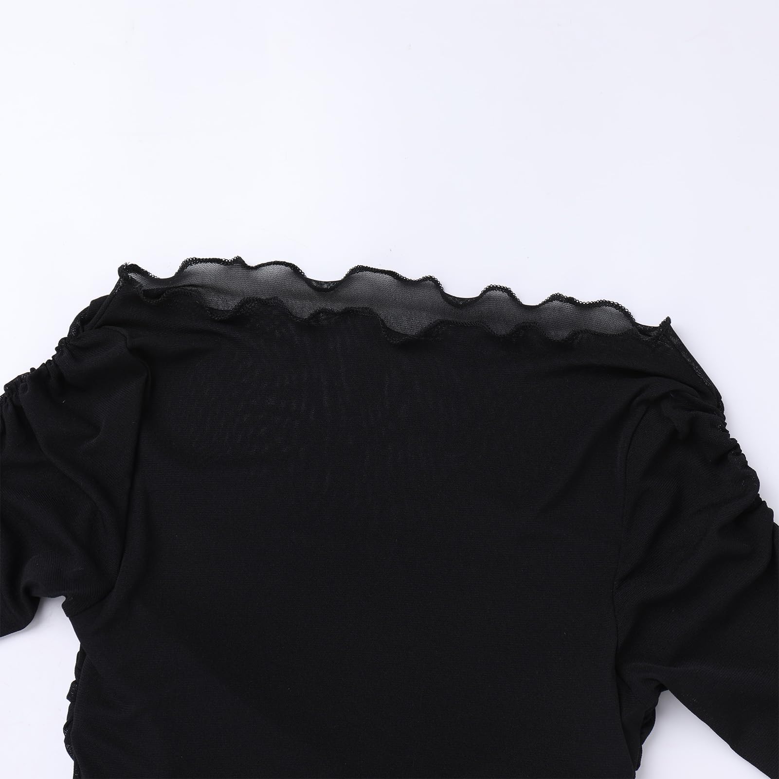 ABAFIP Women's Sheer Crop Top - Ruched Ruffle Off Shoulder Mesh Long Sleeve Blouse for Rave, Party & Night Out | Sexy Clubwear & Festival Fashion