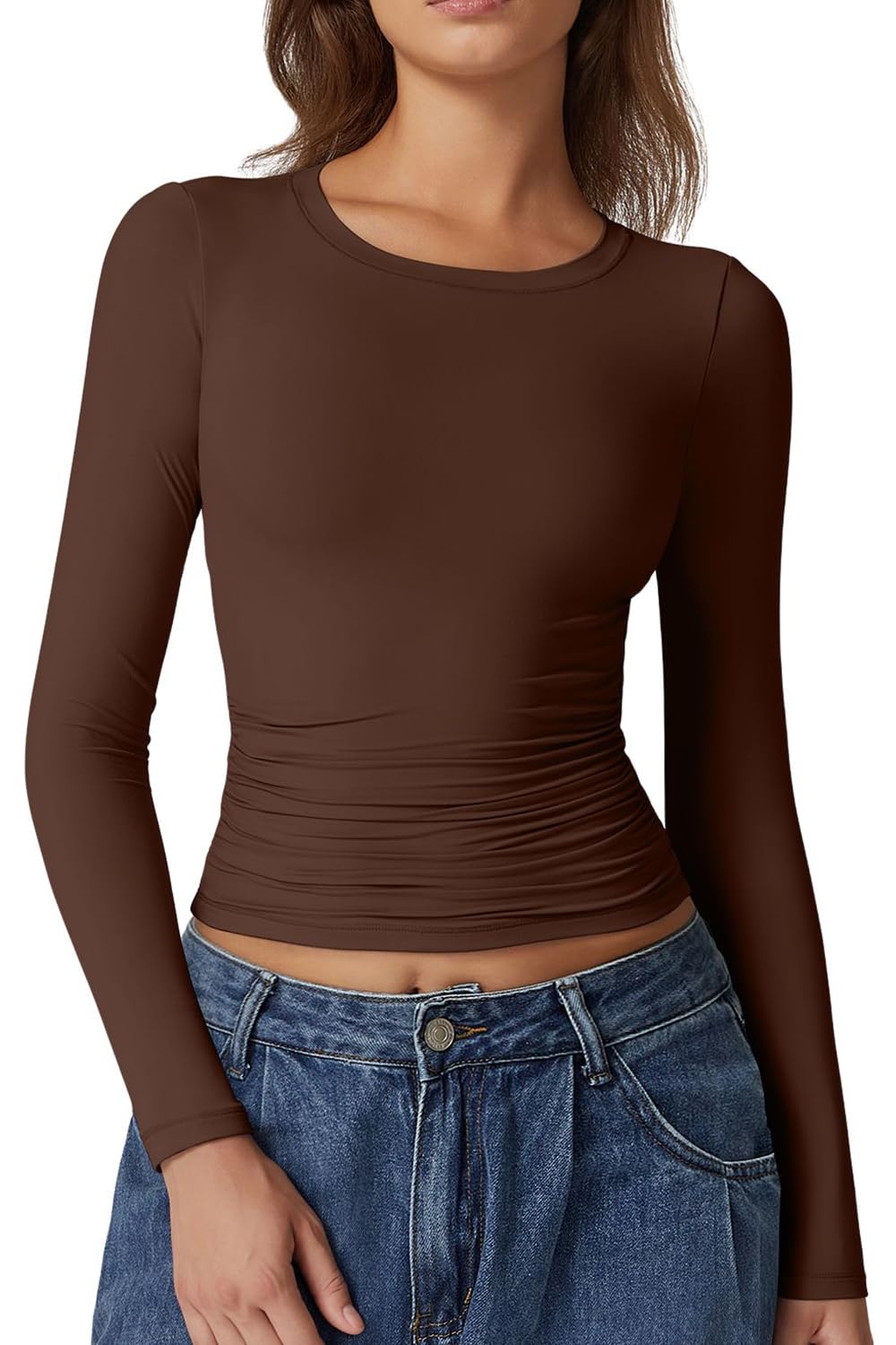 QINSEN Women's Double Lined Long Sleeve Crewneck Shirt - Slim Fit Ruched Y2K Tops for Casual Wear, Date Night & Going Out - Mocha L (Fall Fashion, Layering Essential)