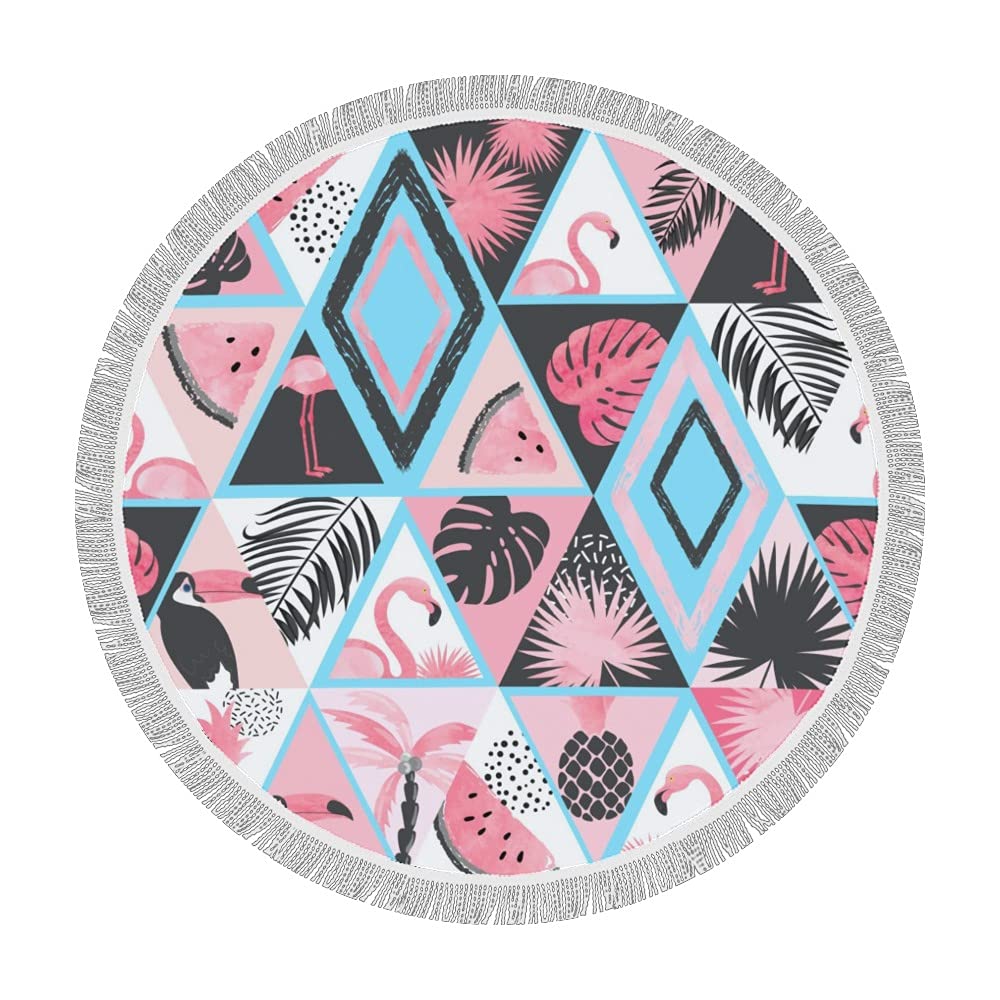 Tropical Print Round Beach Towel with Tassels - 59 Inch Large Pool Towel for Adults & Kids - Perfect for Beach, Poolside, Picnics and Outdoor Activities