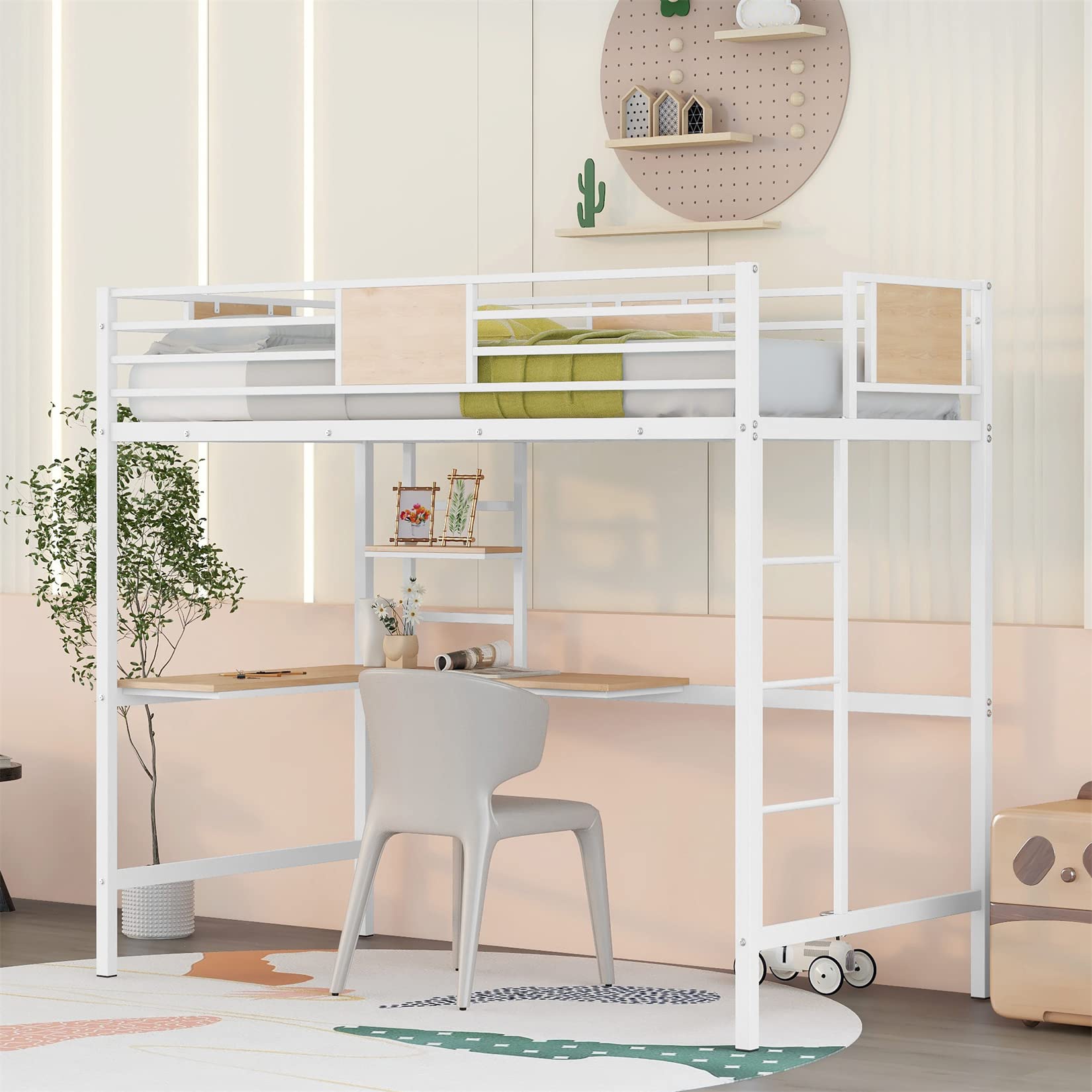 **White Twin Loft Bed with Desk & Bookcase - Metal Frame Kids Bunk Bed with Ladder & Safety Guard Rail - Perfect for Small Bedrooms, Dorms, or Shared Kids' Rooms**