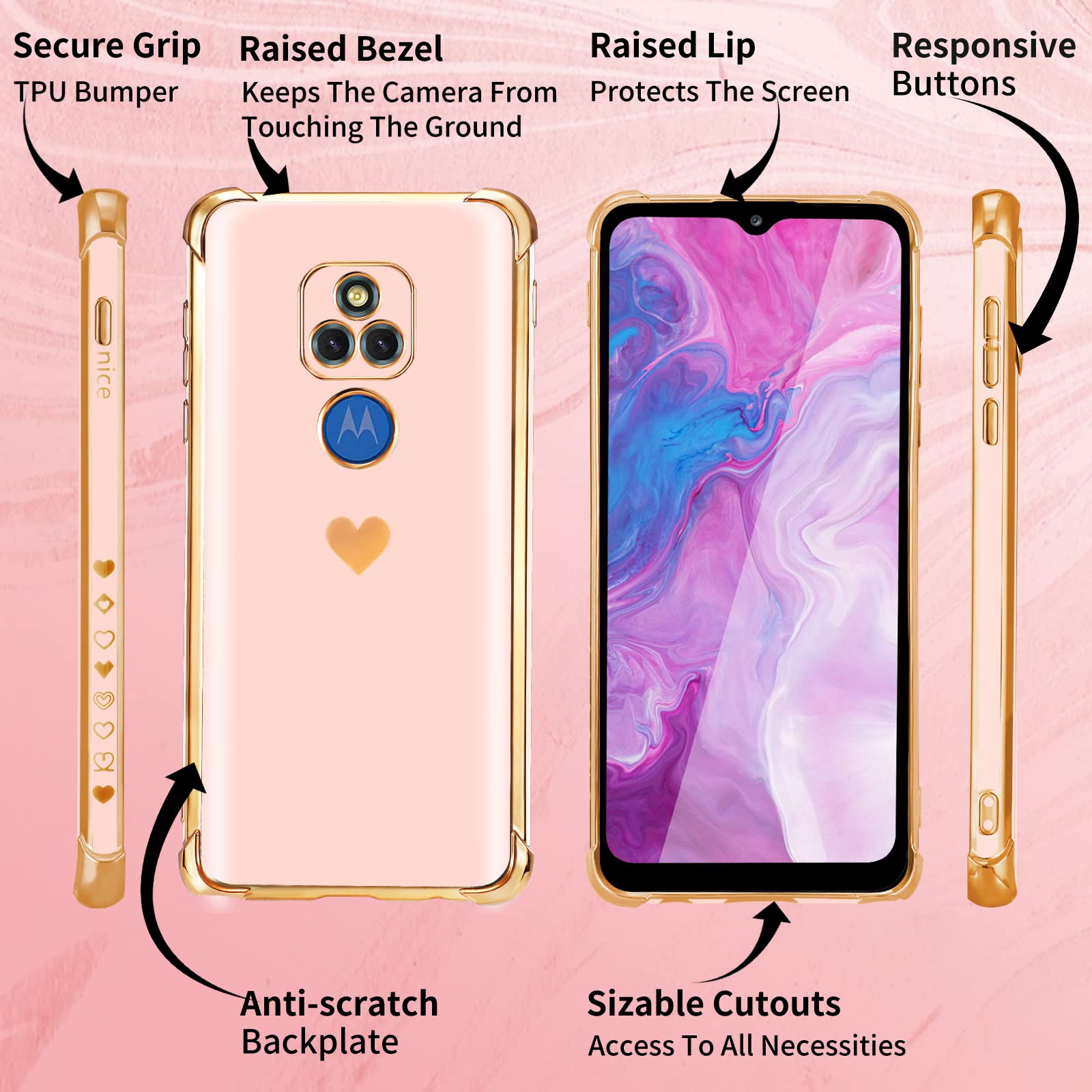 3-in-1 Heart Pattern Phone Case for Motorola Moto G Play 2021 (6.5 Inch) - Cute Aesthetic Love Hearts Design with Gold Chain - Luxury Girly Protective Cover + Screen Protector | Perfect Gift for Girls & Women, Ideal for Daily Use, Parties & Travel