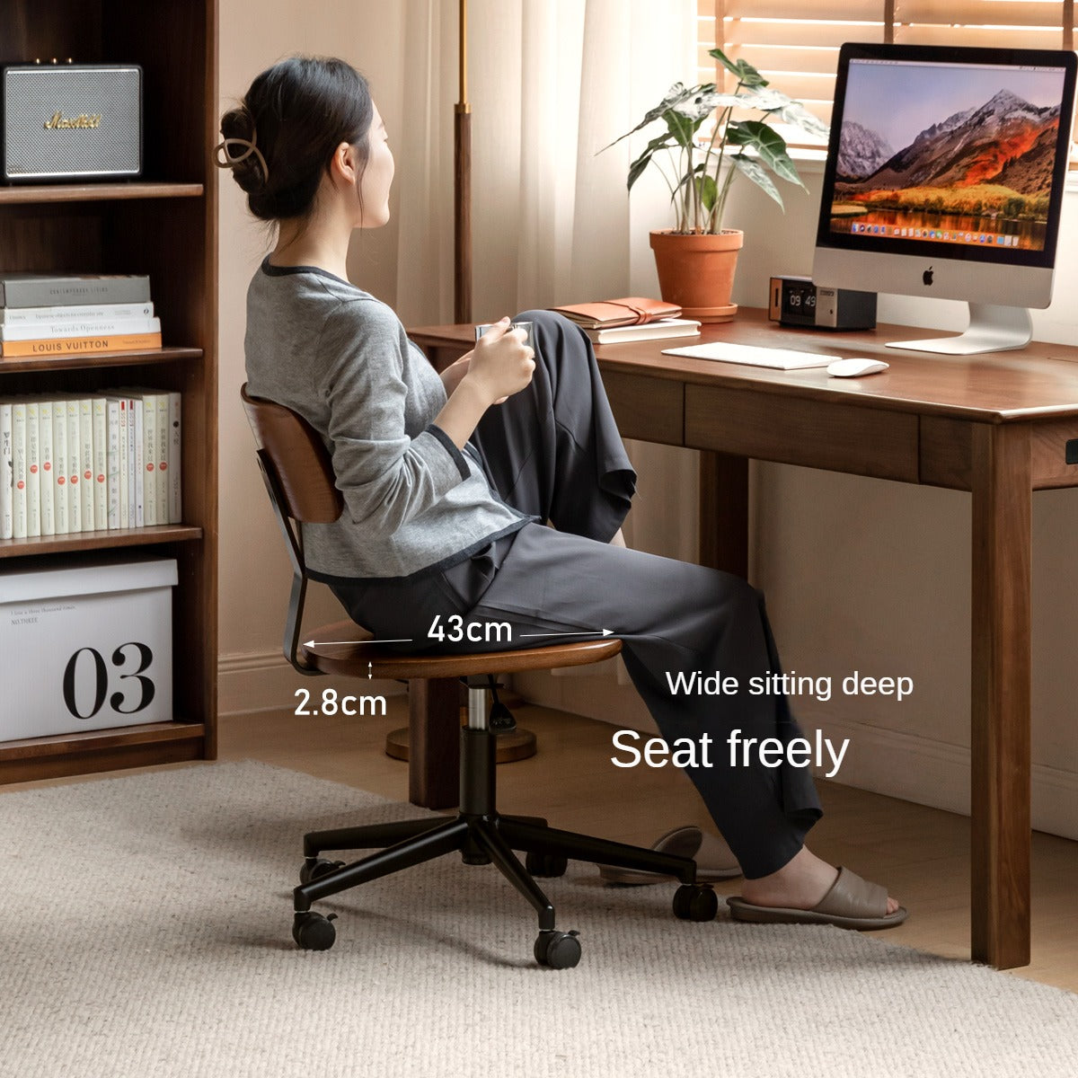 Modern Oak Solid Wood Lift & Swivel Office Chair - Ergonomic Rotatable Computer Desk Chair for Home & Office Workspace