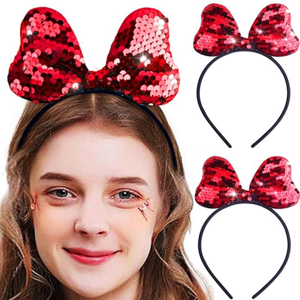 Sparkly Red Sequin Bow Headband for Women & Girls - Christmas, Birthday & Costume Hair Accessory (Pack of 2) | Perfect for Holiday Parties, Festive Events & Photo Shoots