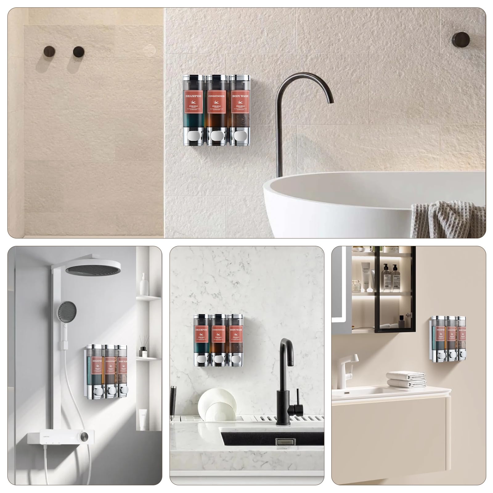 Wall Mounted No-Drill 3-Chamber Shampoo, Conditioner & Body Wash Dispenser - Chrome Shower Soap Dispenser Holder for Bathroom Organization | Perfect for Family Showers, Gym Locker Rooms & Spa-Style Bathrooms