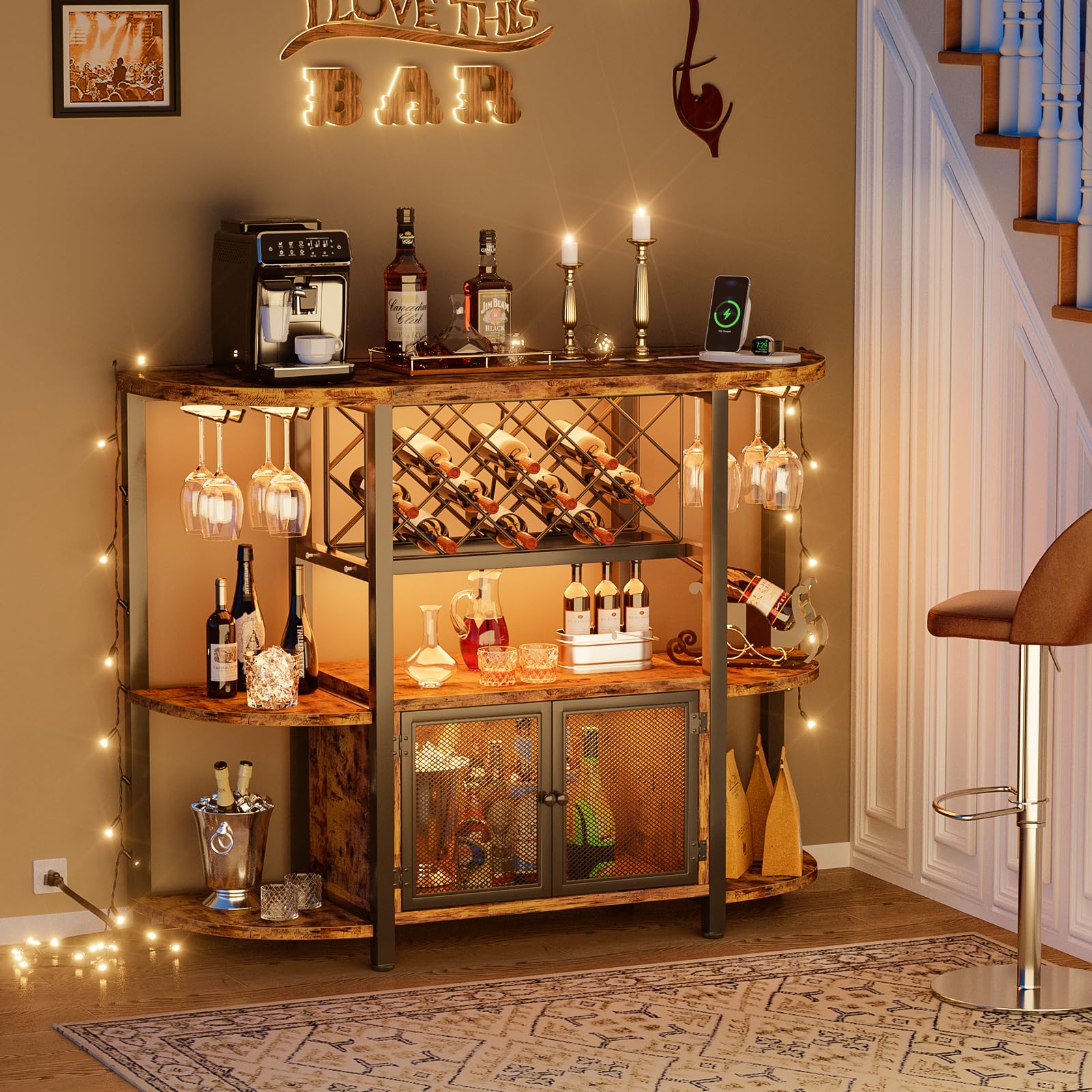Industrial Wine Bar Cabinet with LED Lights & Power Outlets - Freestanding Coffee Liquor Cabinet with Glass Storage - Rustic Brown Farmhouse Kitchen/Dining Bar Cabinet - Perfect for Home Entertaining & Wine Display
