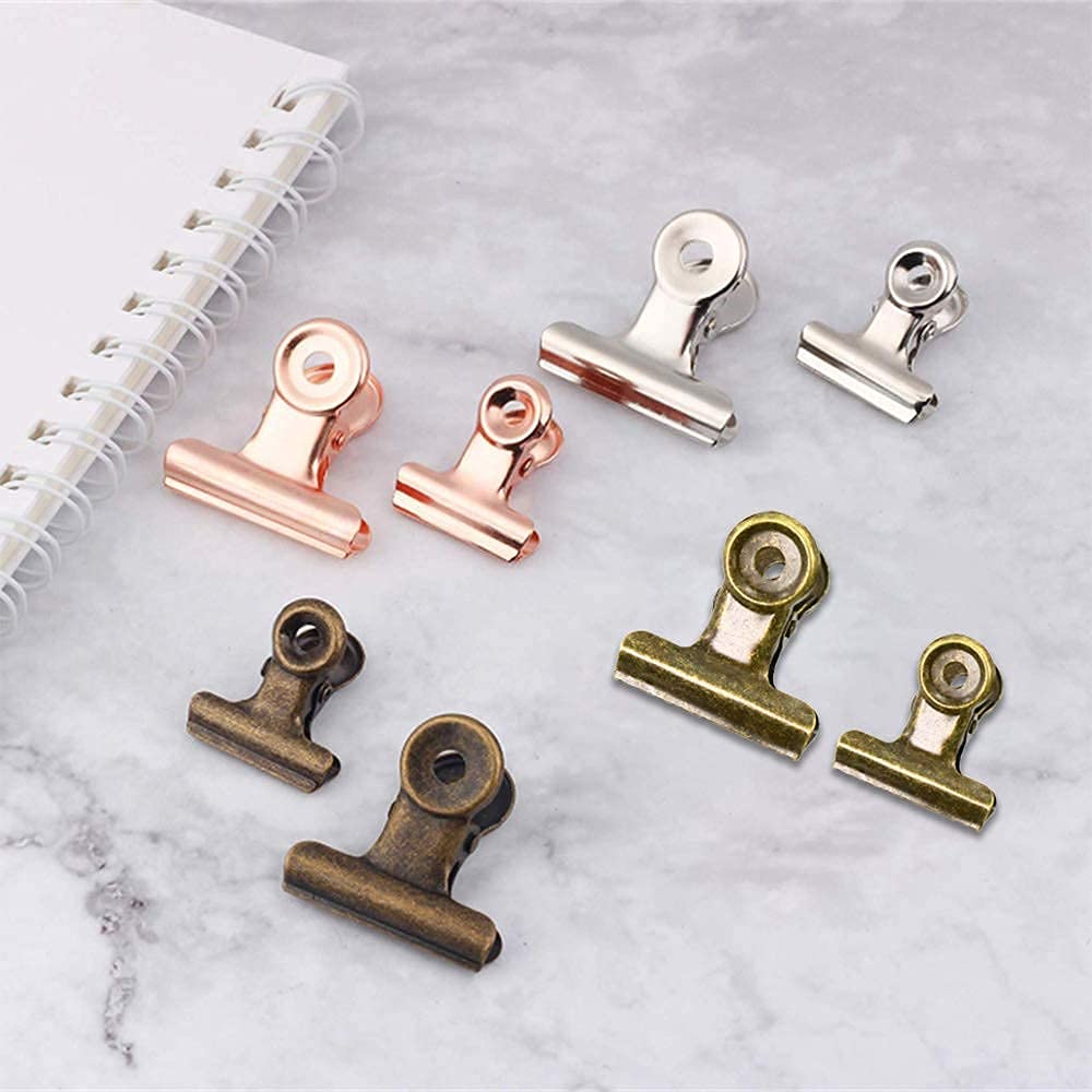 32 Pack 1 Inch Bronze Metal Clips with Push Pins - Bulldog Clips for Hanging Pictures, Small Hinge Clips for Photos & Crafts, Mini Binder Clips for Office, School & Home Organization - Perfect for Corkboards, Bulletin Boards, Scrapbooking & Wall Decor