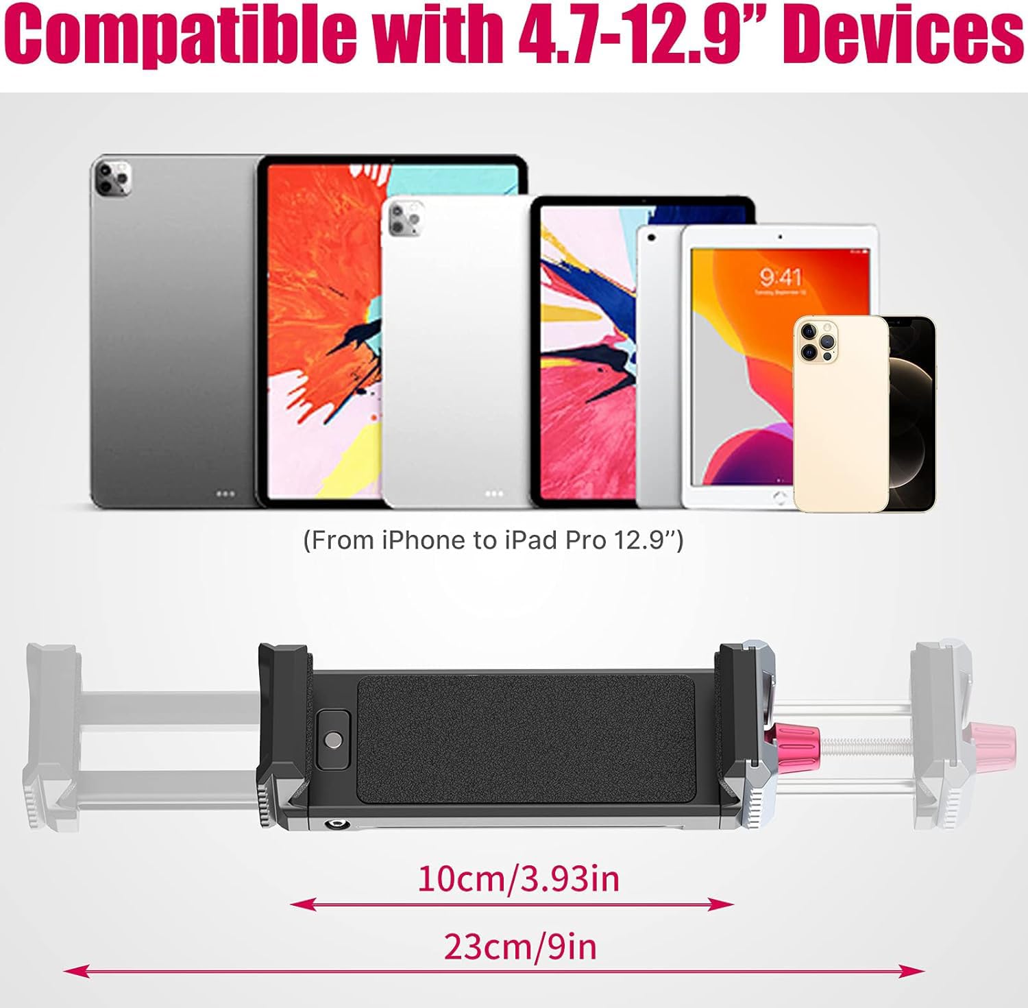 Universal Aluminum iPad Tripod Mount Holder - Adjustable U-pad III 7.9-12.9in Metal Tablet Clamp with Cold Shoe & 2 Arca Swiss QR Mounts for iPhone iPad Air Mini - Perfect for Video Recording, Live Streaming & Photography