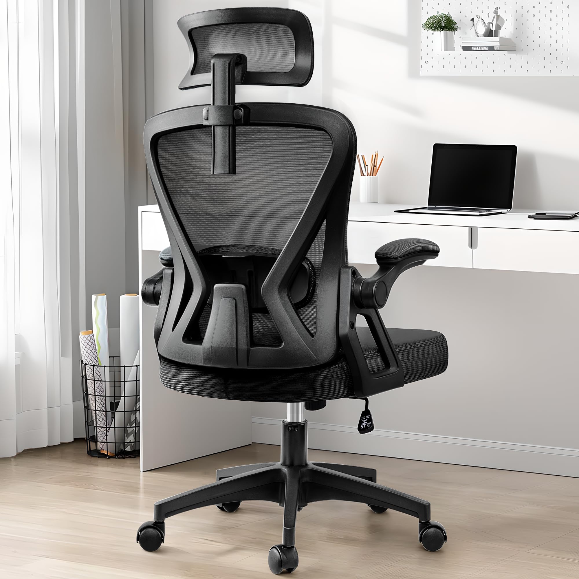 Ergonomic Office Chair with Headrest & Lumbar Support - High Back Mesh Computer Desk Chair with Flip-Up Armrests, Swivel & Rolling Wheels - Comfortable Task Chair for Home Office, Gaming & Workspace