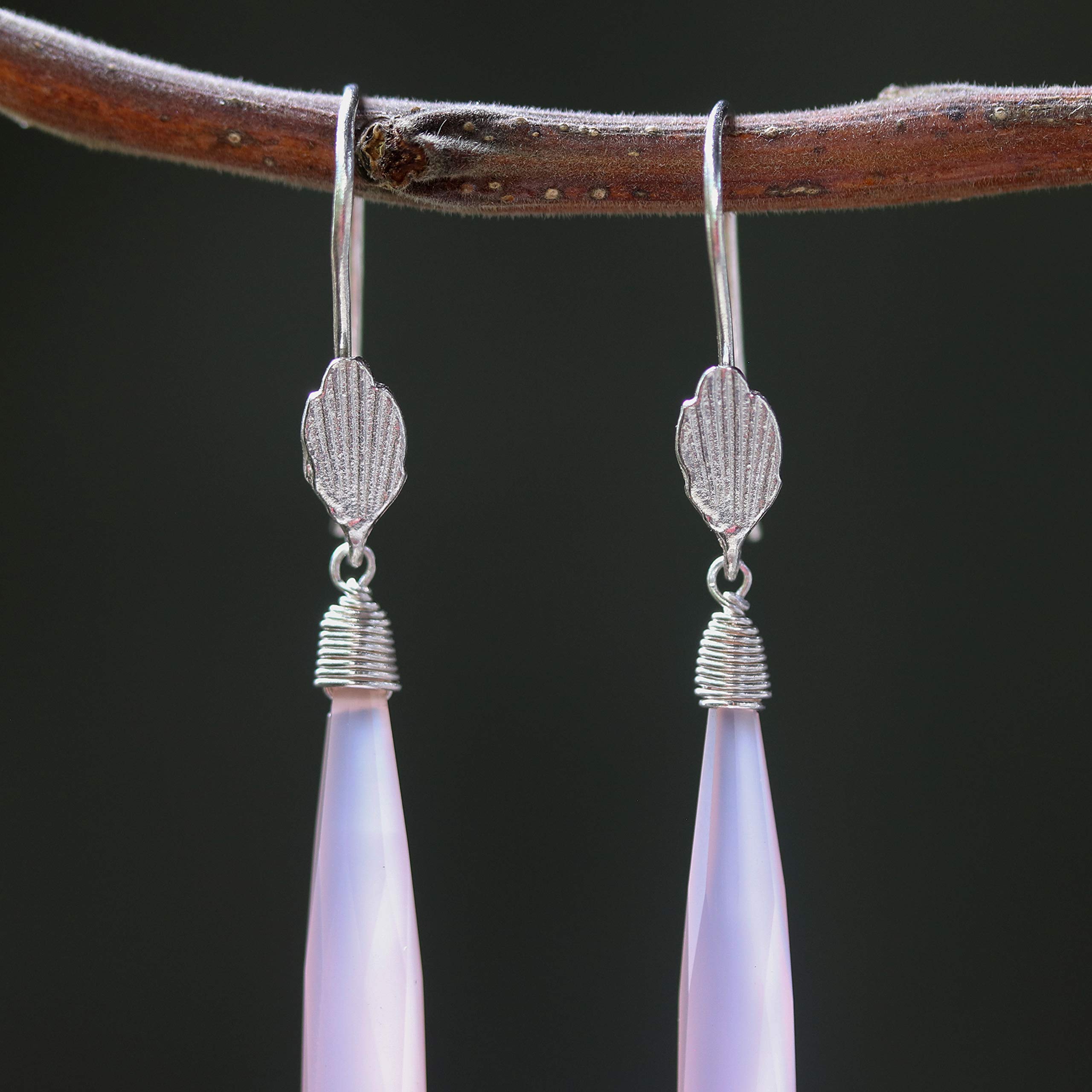 Pink Chalcedony Earrings with Sterling Silver Wire Wrap & Leaf Design - Elegant Dangle Earrings for Women, Perfect for Parties, Weddings & Everyday Wear
