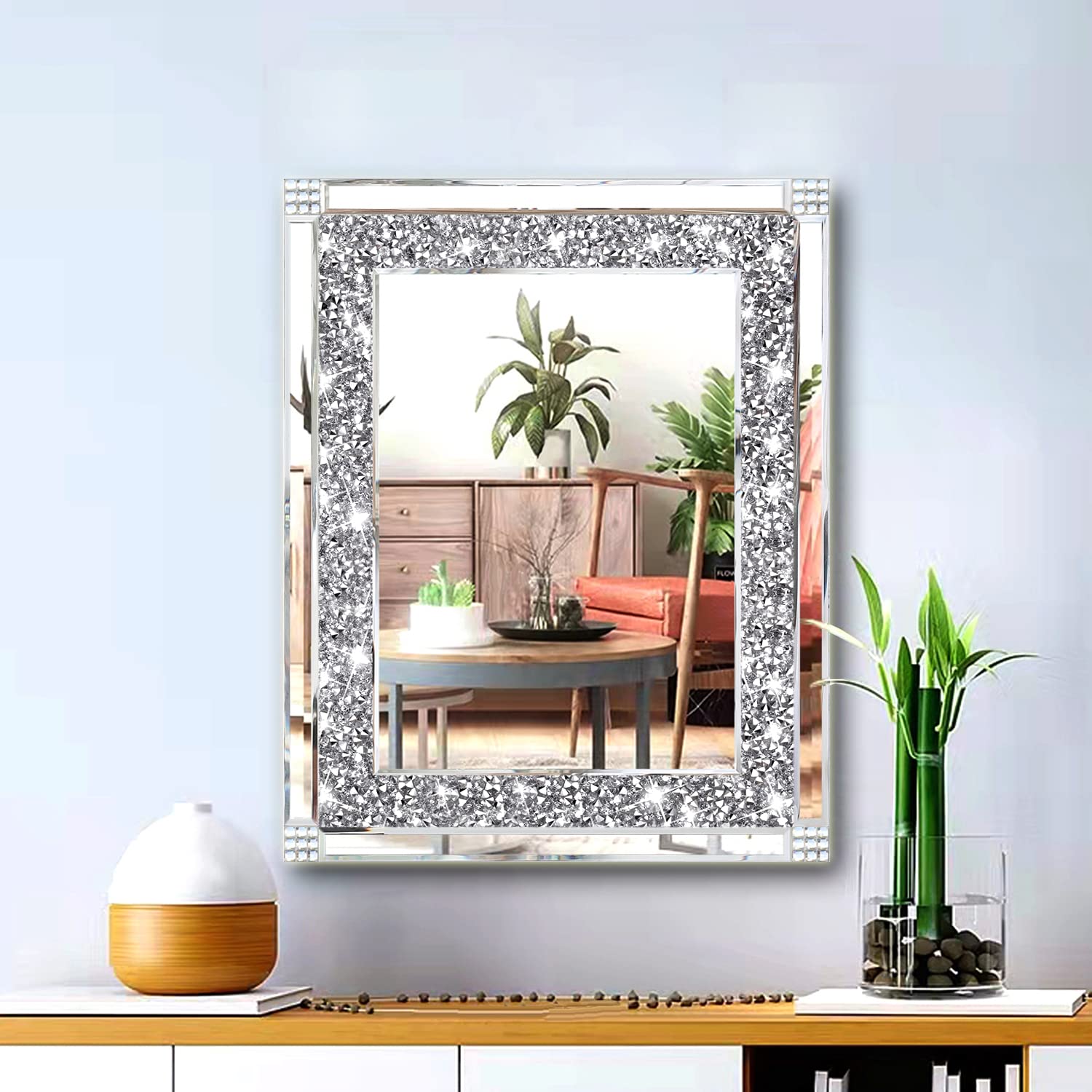 Sparkling Crystal Rhinestone Diamond Wall Mirror - Handcrafted Glass Mirror for Hallway, Bathroom & Bedroom Decor (16