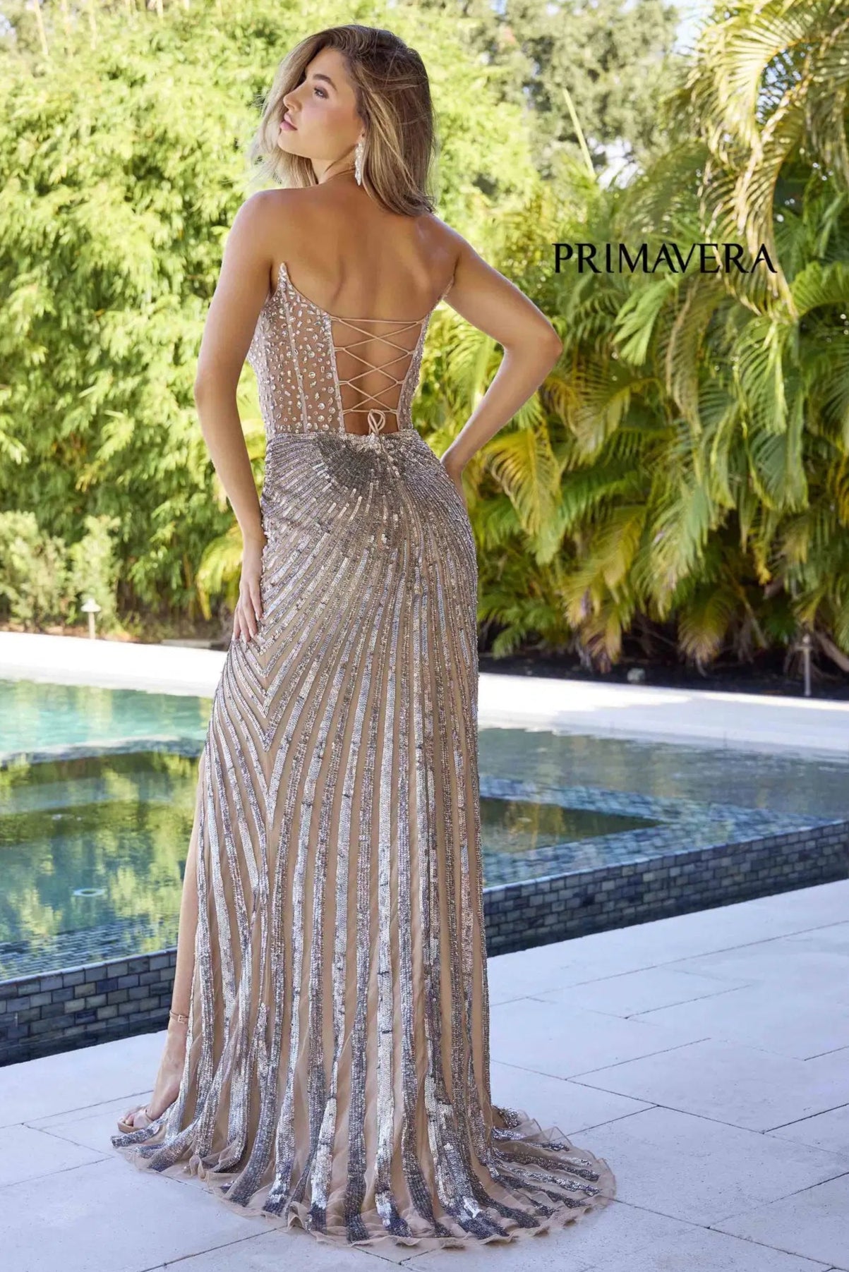 Primvera Strapless Crystal Embellished Fitted Beaded Gown - Elegant Evening Dress for Prom, Wedding & Special Occasions