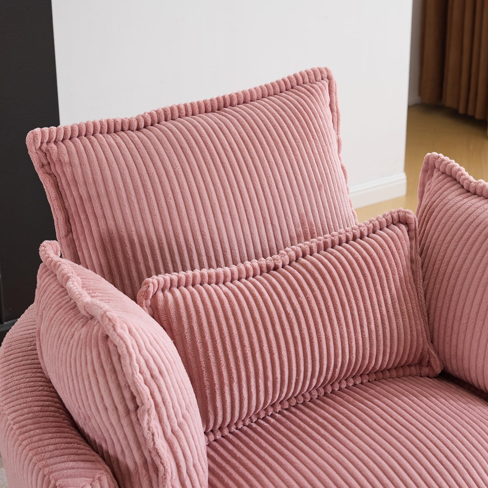 Karl Home 360-Degree Swivel Barrel Chair - Modern Corduroy Lounge Armchair with 3 Pillows, Comfortable Round Accent Sofa for Living Room, Bedroom, Hotel | Perfect for Small Spaces, Reading Nooks & Cozy Corners (Pink)