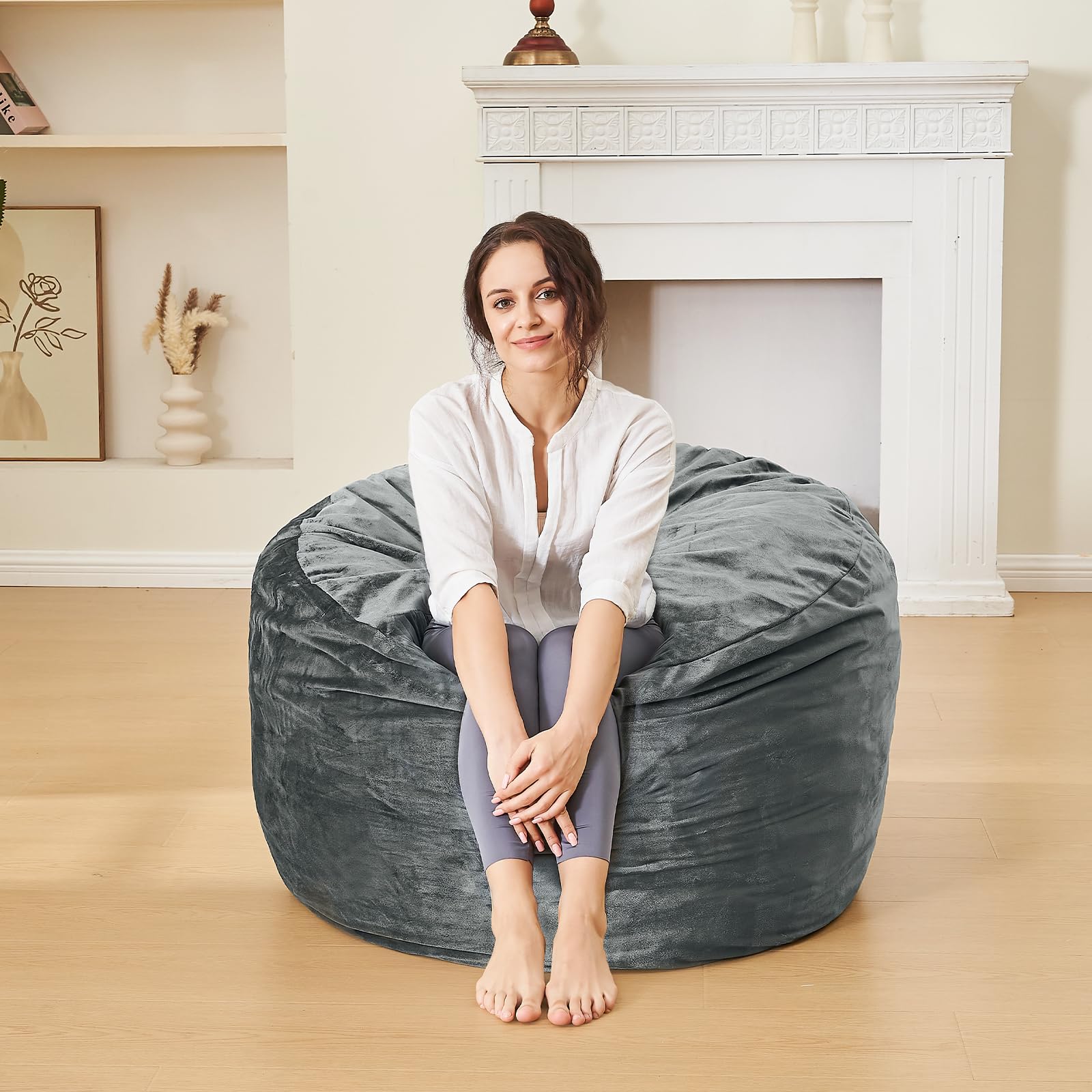 3 Feet Bean Bag Chair for Adults - Soft Microfiber Cover, Round Fluffy Couch for Living Room, Bedroom & College Dorm - Grey | Comfortable Seating for Relaxing, Gaming & Lounging