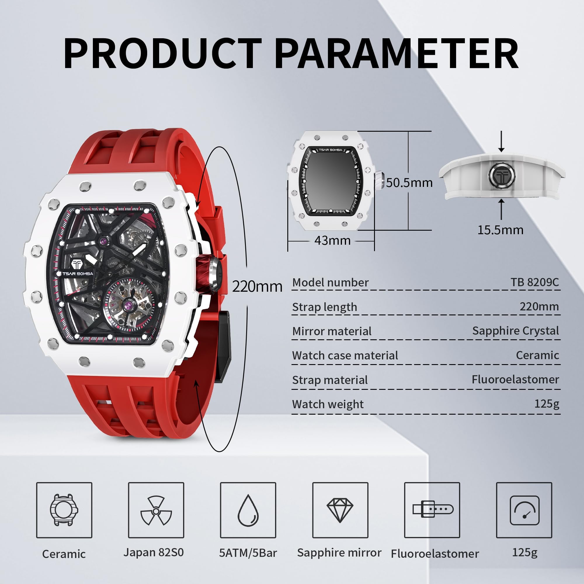 TSAR BOMBA Men's Automatic Watch - Luxury Skeleton Tonneau Design, 50M Waterproof, Silver Square Big Face with Silicone Strap - Perfect for Business, Formal Events & Everyday Wear