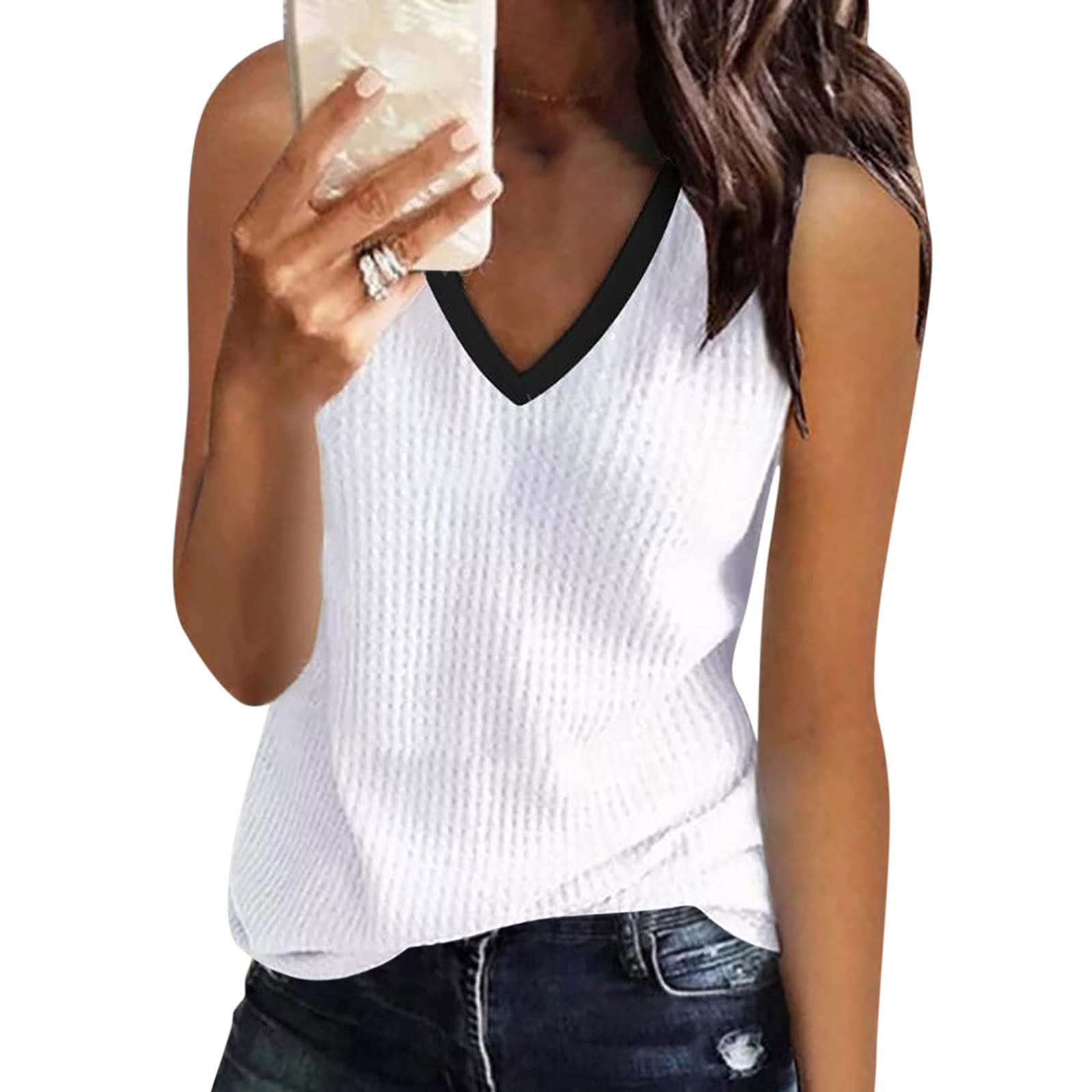 Women's V-Neck Knit Off-Shoulder Vest - Summer Fashion Casual Sleeveless Blouse & Loose T-Shirt (White) | Perfect for Beach Outings, Date Nights & Summer Vacations