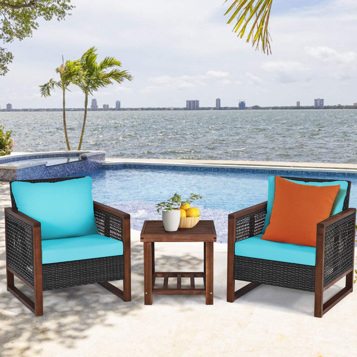 Tangkula 3-Piece Patio Furniture Set - All-Weather Wicker Sofa with Washable Cushions & Acacia Wood Coffee Table - Outdoor Conversation Set for Garden, Balcony, Backyard, Poolside (Turquoise) - Perfect for Relaxing, Entertaining & Enjoying Outdoor Living