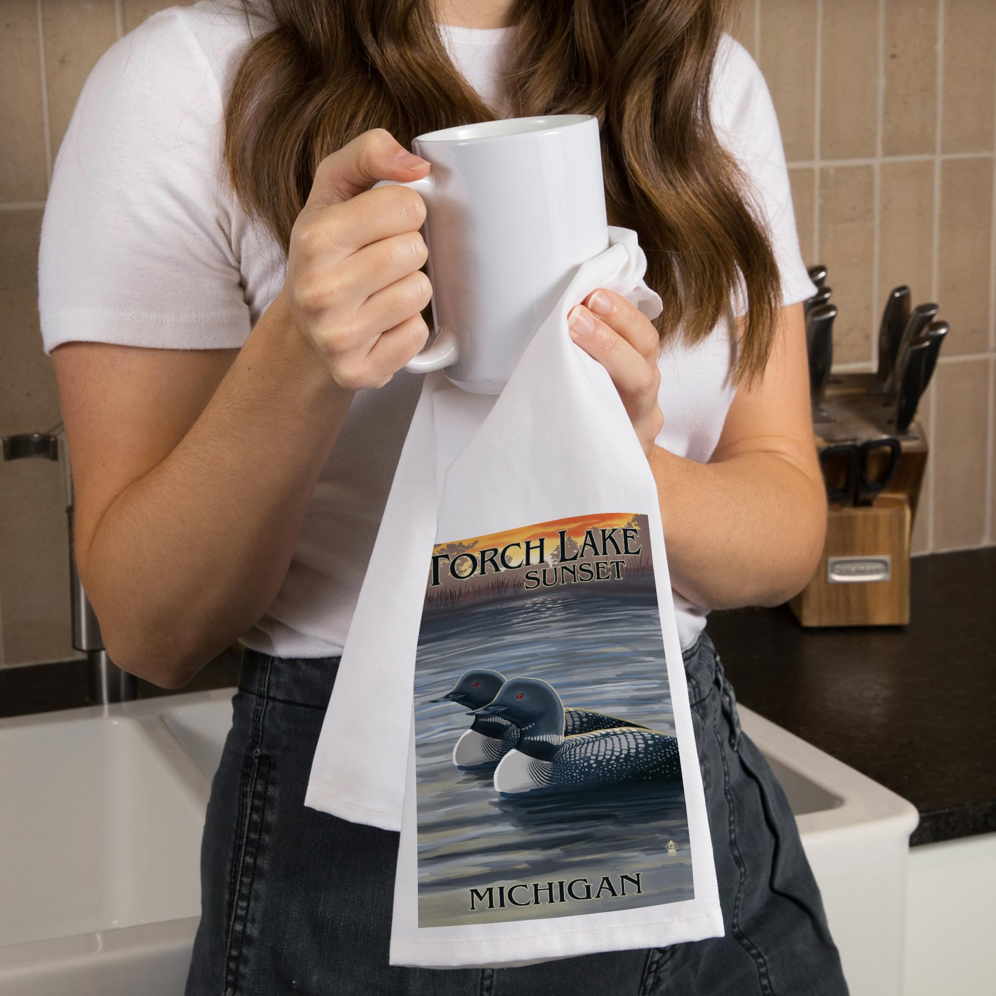 Lantern Press Torch Lake Michigan Loons at Sunset 100% Cotton Tea Towel - Decorative Hand Towel for Kitchen, Home Decor & Gifts - Perfect for Dish Drying, Wall Art & Cozy Farmhouse Style