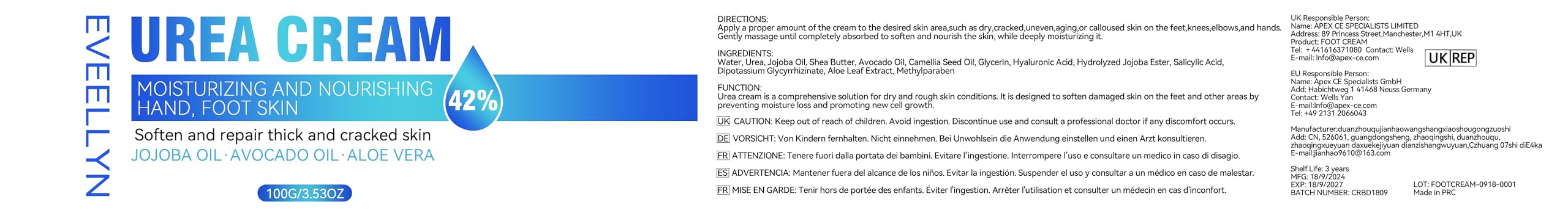 Eveellyn 40% Urea Cream for Dry Cracked Hands & Feet - Intensive Moisturizing Callus Remover, Skin Softener for Hard & Rough Skin - 100g Foot & Hand Treatment - Perfect for Cracked Heels, Elbows & Calluses
