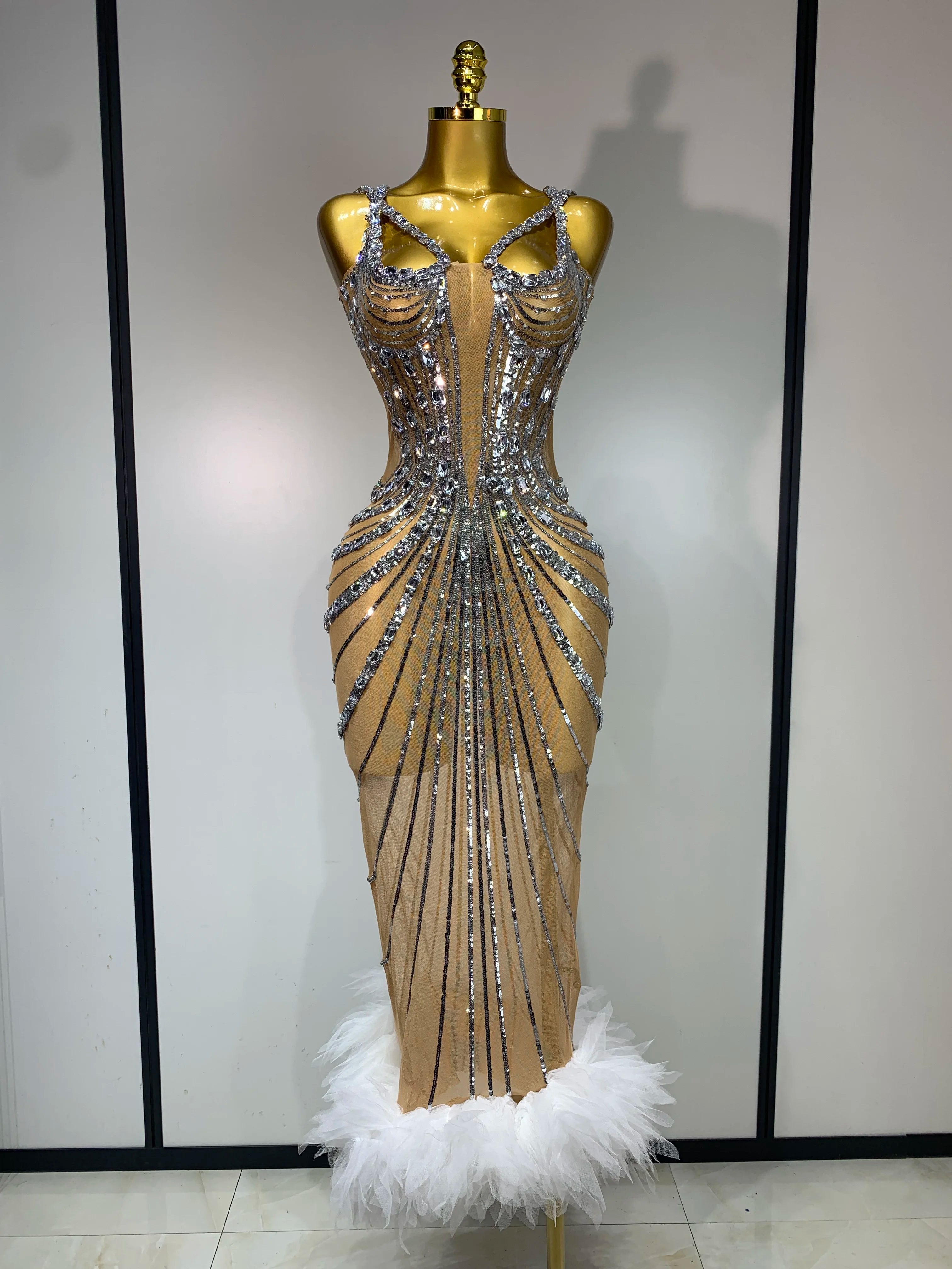 2025 Women's Luxury Rhinestone Mesh Long Dress - Sexy See-Through White Prom Gown for Birthday Party, Nightclub & Singer Performances | Elegant Evening Wear & Special Occasion Outfit