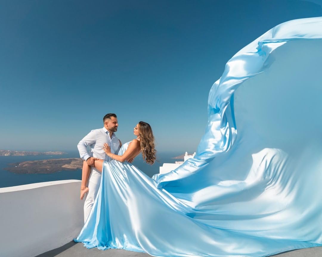 Elegant Halter Neck Long Flying Dress for Photoshoot - Flowy Satin Maxi Dress with Train | Perfect for Santorini Vacations, Beach Weddings & Boho Photoshoots