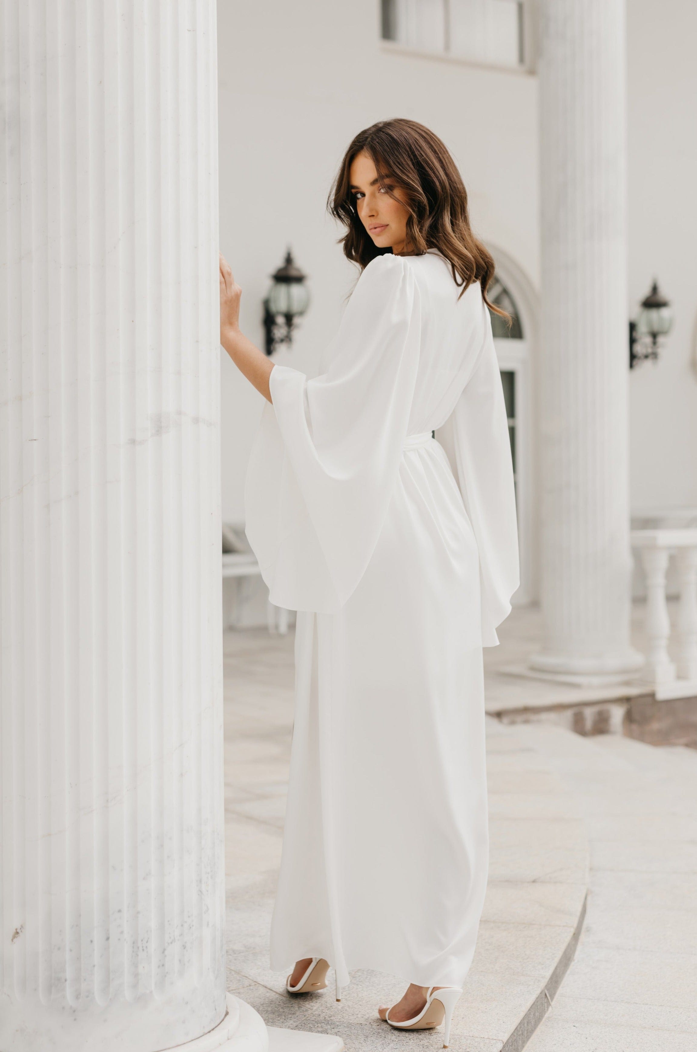 Ella Satin Flutter Sleeve Maxi Bridal Robe with Slip - Elegant Wedding Gown for Bridal Party, Bridesmaids & Photoshoots - Perfect for Getting Ready, Ceremony & Honeymoon