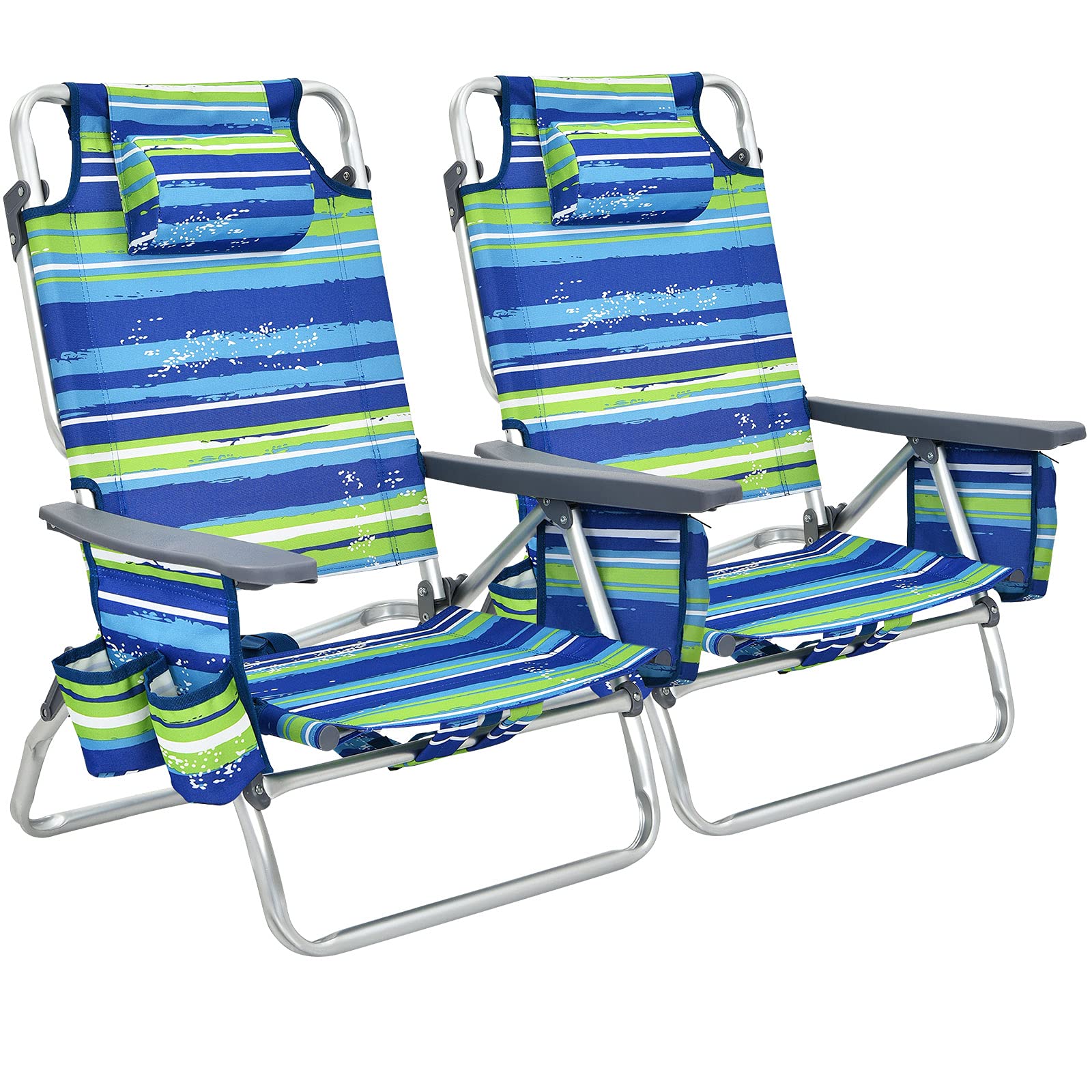 GYMAX 2-Pack Portable Folding Beach Chairs with Backpack Straps, Armrests, Cooler Bag, Cup Holder & Storage Pockets - Lightweight Camping Lounge Chairs for Outdoor, Picnic, Poolside, Backyard & Beach Relaxation (Blue Stripes)