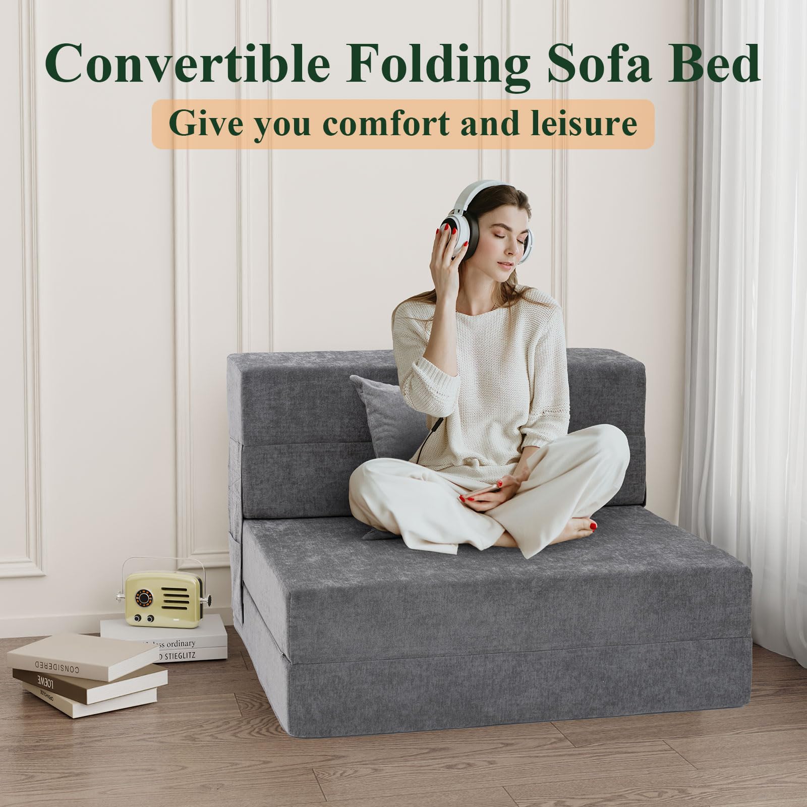 HOMFINE Folding Sofa Bed - Convertible Sleeper Chair with Pillow, Twin Size Gray Futon Couch for Small Spaces | Fold Out Couch & Foam Floor Mattress | Perfect for Living Room, Dorm, Guest Room & Home Office | Space-Saving Multi-Functional Furniture for Relaxing, Lounging & Overnight Guests