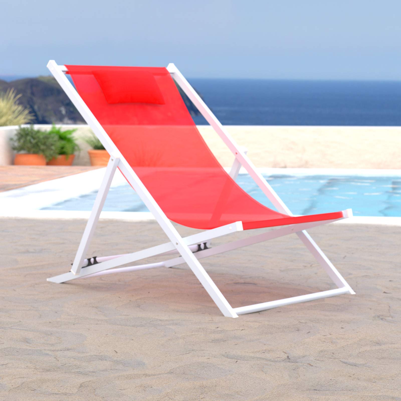 LeisureMod Sunset Outdoor Portable Patio Beach Sling Chair - Adjustable Reclining with Headrest, Lightweight Folding for Backyard, Poolside & Travel (Red) - Perfect for Relaxing, Sunbathing and Camping