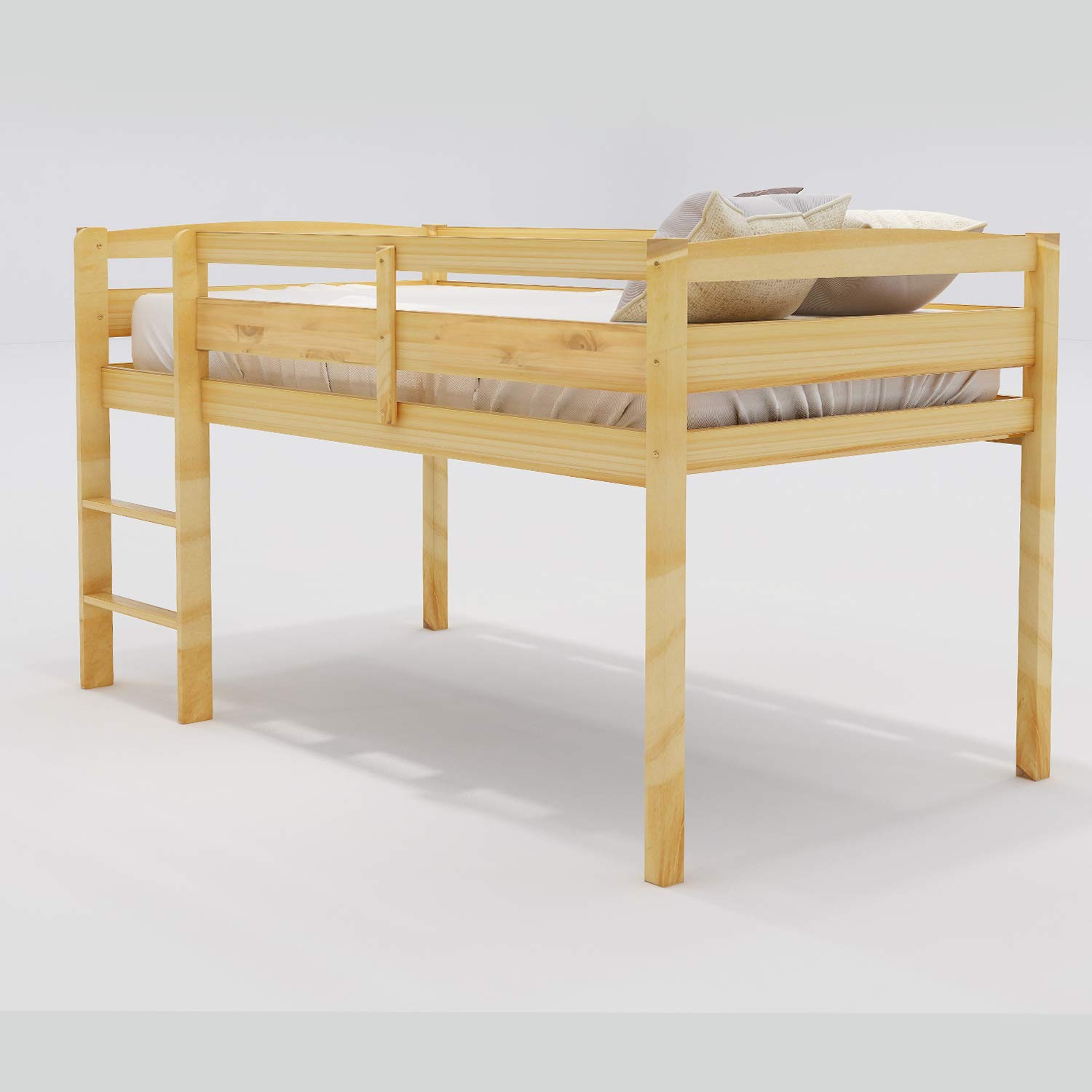 **Low Loft Twin Wood Bed with Ladder & Guardrails for Kids - Sturdy & Safe, No Box Spring Needed (Natural) - Perfect for Small Rooms, Dorms & Play Areas**