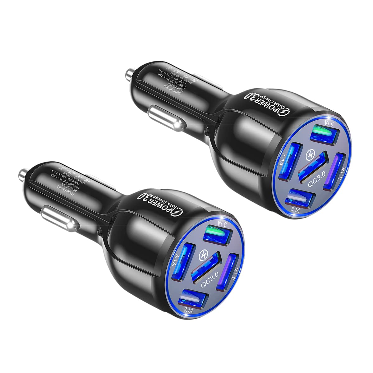 2 Pack QC 3.0 Fast Car Charger Adapter with 5 USB Ports - Dual Cigarette Lighter Charger for iPhone 13/12/11/Pro/Max, Samsung Galaxy, iPad, Camera & Car Accessories - Perfect for Road Trips & Multi-Device Charging (Blue, 2PCS)