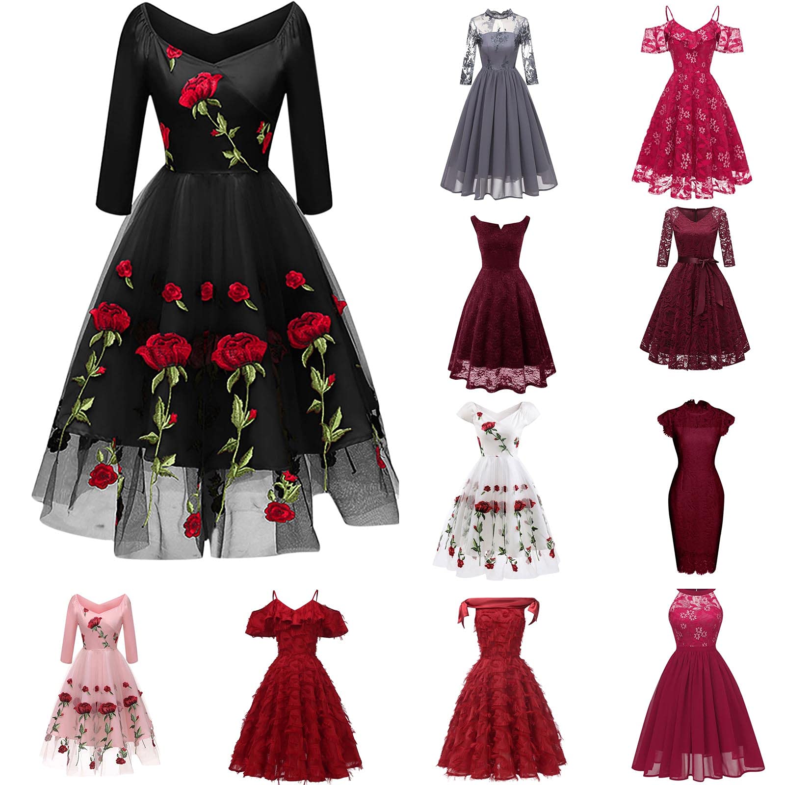 Vintage 1950s Floral Embroidered Cocktail Dress for Women - 3/4 Sleeve Formal Party Maxi Dress - Perfect for Weddings, Galas & Special Occasions