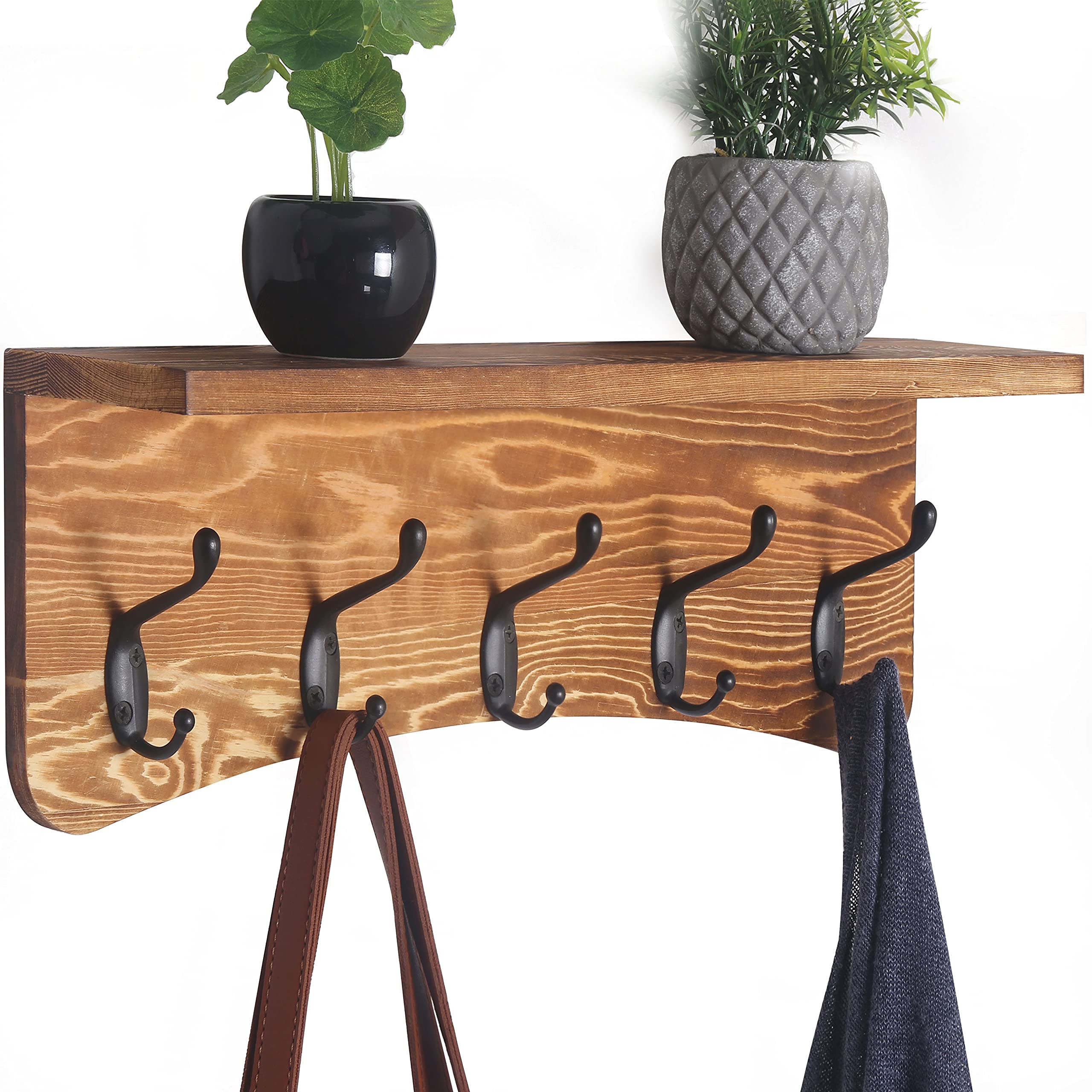 WEBI Wall Mounted Coat Rack with Shelf - Rustic Brown Wooden Entryway Organizer with Hooks for Keys, Coats & Hats - Perfect for Hallway, Bathroom & Mudroom Storage